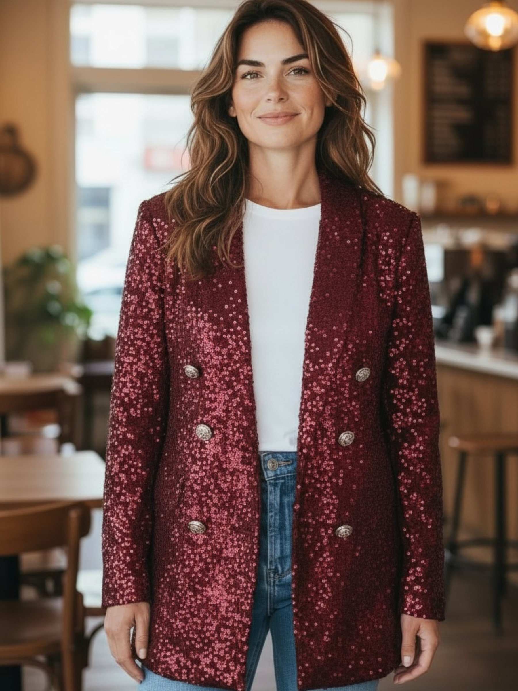 QBAW25 RR Wine Red Bliss Blazer – a glamorous wine-red sequin blazer with a tailored double-breasted fit, perfect for festive occasions, evening styling and chic winter outfits.