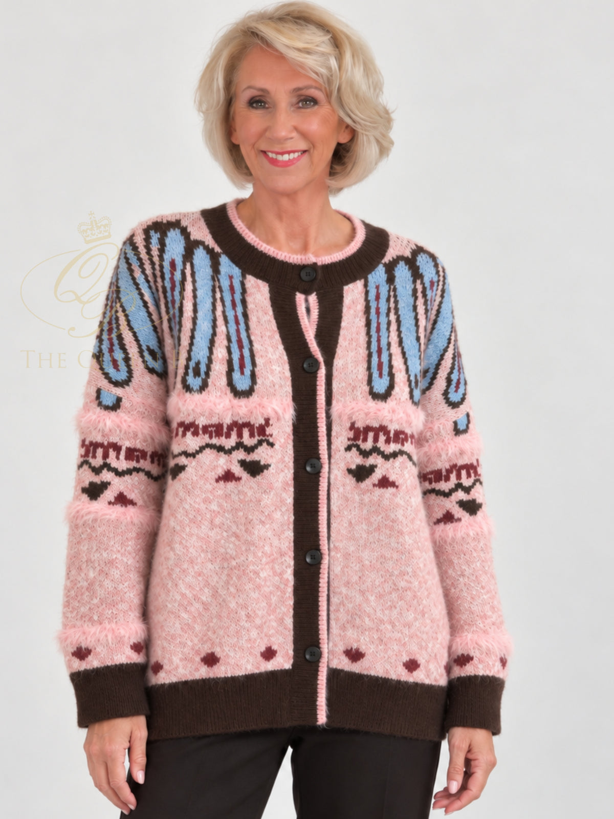 QBAW26 BC Mary Faux Fur Detailed Cardigan with mixed pattern, button front, round neckline and textured faux fur-effect trims.