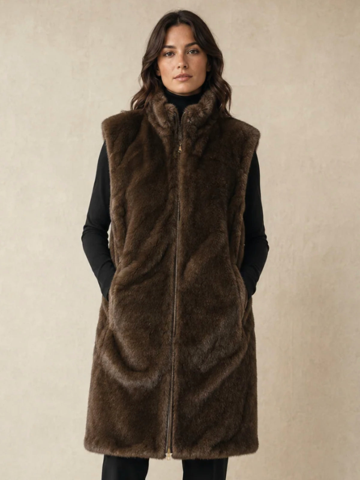 QBAW26 CW Elizabeth Reversible Long Gilet with smooth outer finish, soft textured reverse, high neckline and zip fastening.