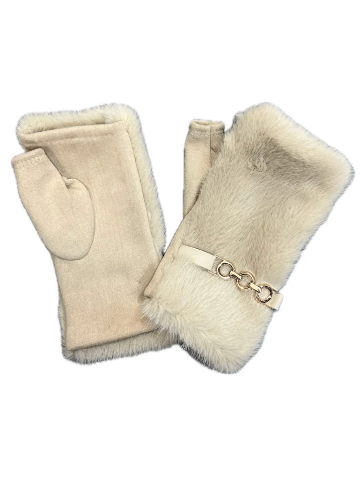 QBAW26 CW Mia Fingerless Gloves with soft textured finish, plush trim and decorative chain-style detail.