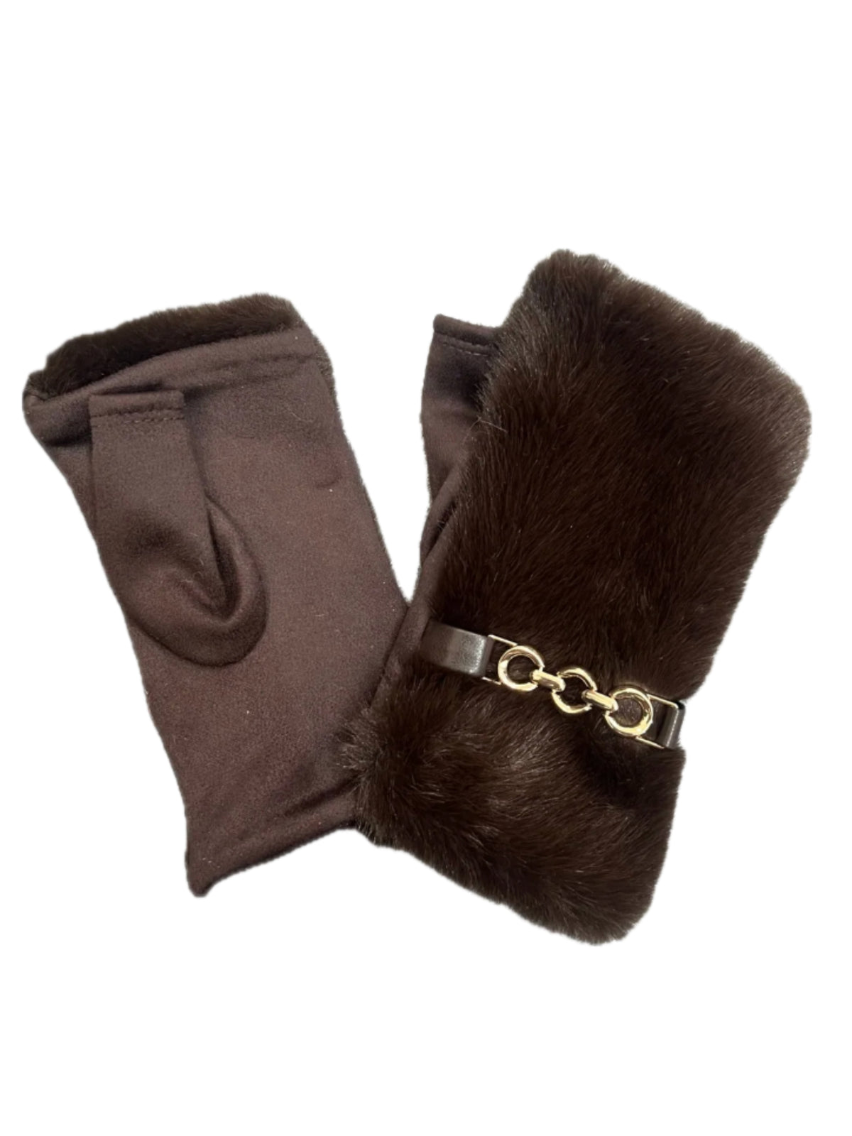 QBAW26 CW Mia Fingerless Gloves with soft textured finish, plush trim and decorative chain-style detail.