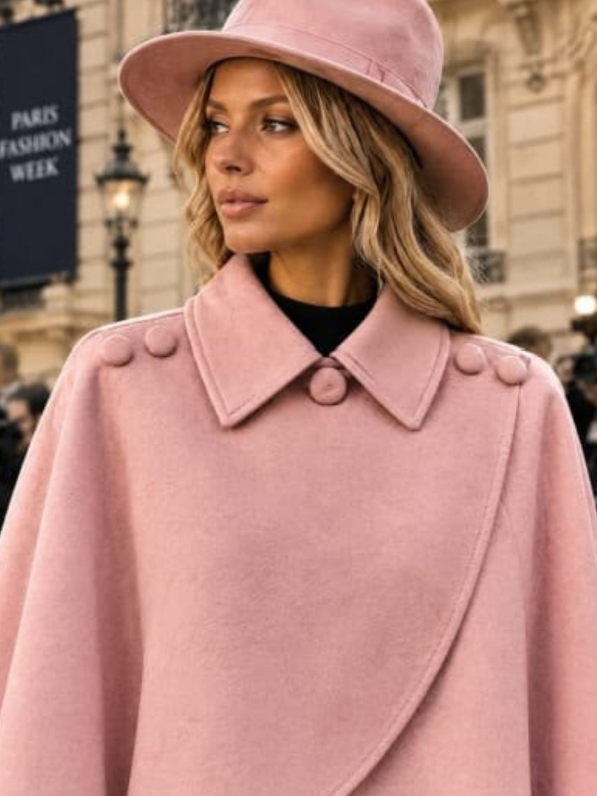 QBAW26 RR Heather Cross Over Collared Cape with pointed collar, curved crossover front and decorative shoulder buttons.