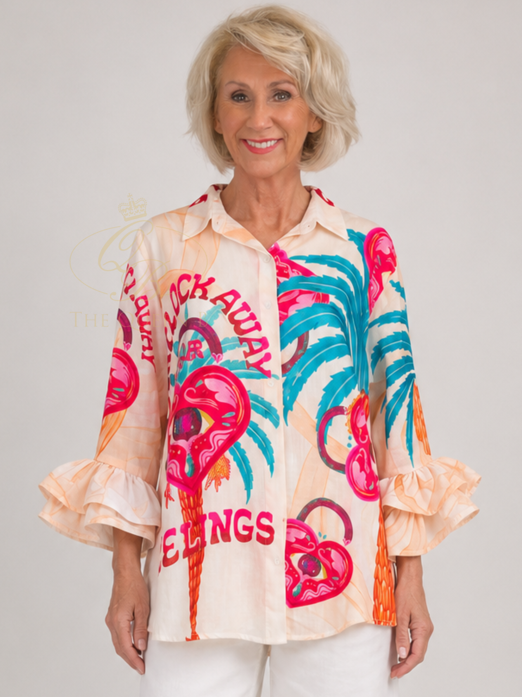 QBSS26 BC Cheryl Heart and Eye Print Shirt with classic collar, frill cuffs and bold graphic print