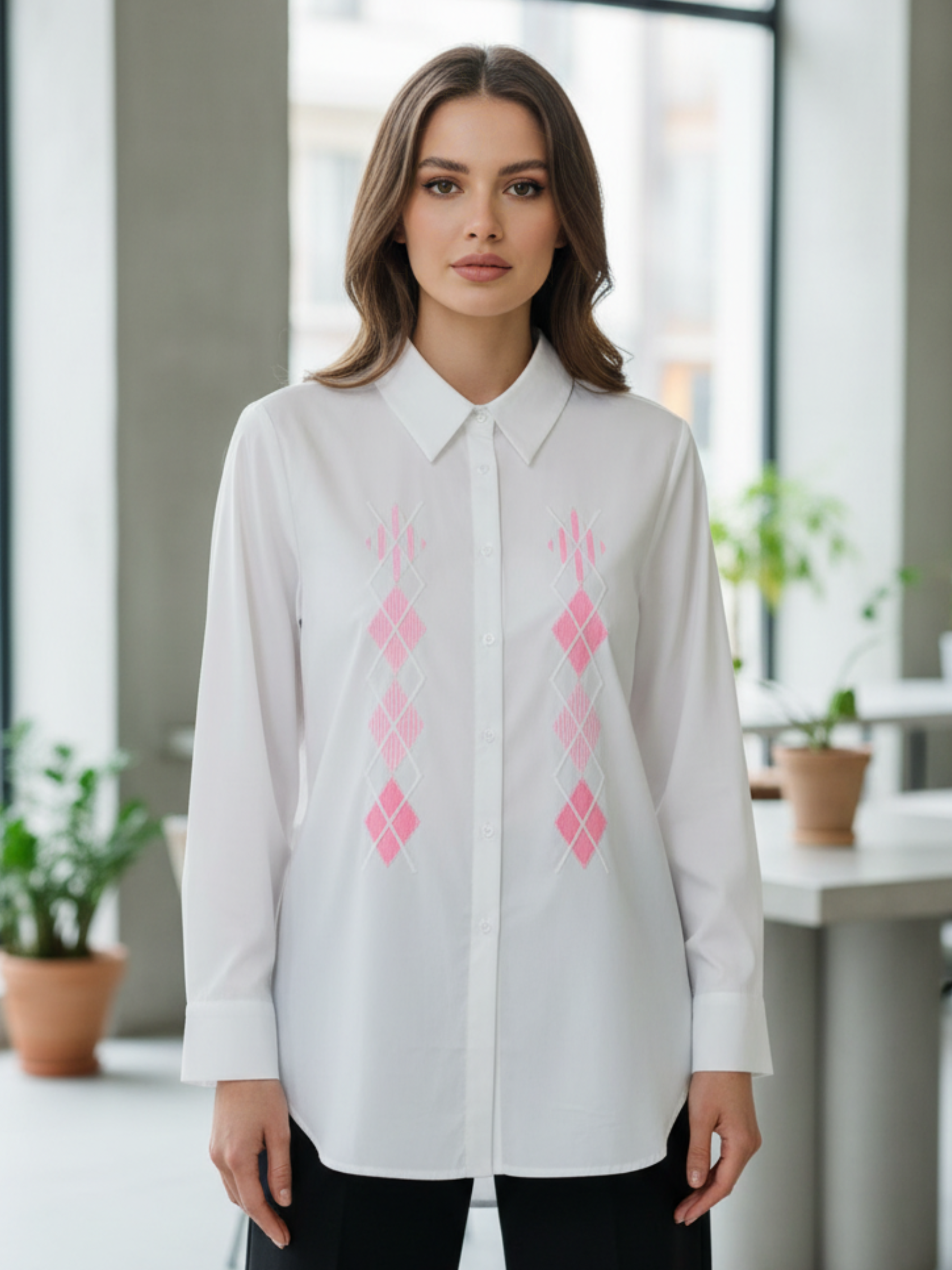 QBSS26 BC Diamond Pattern Shirt in white with subtle diamond pattern detailing, long sleeves and classic collar.