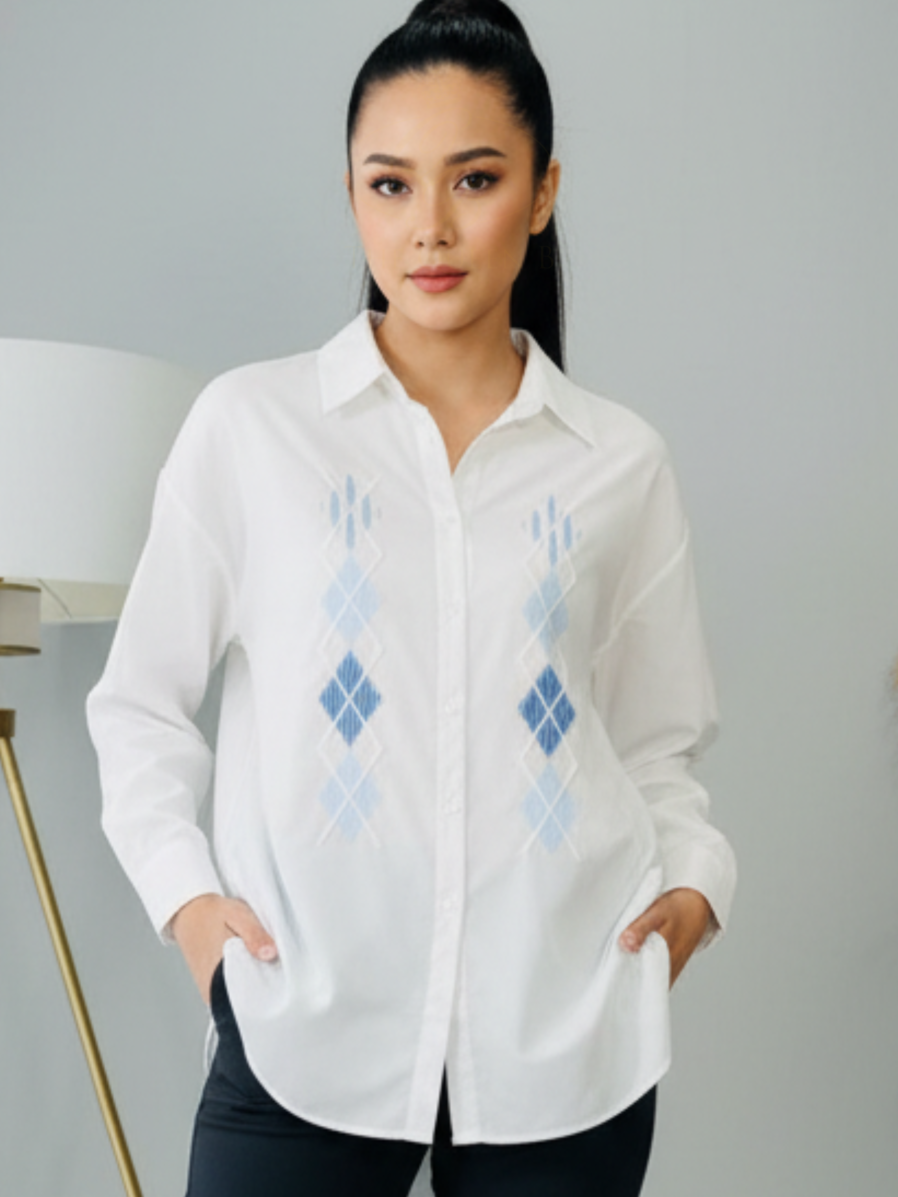 QBSS26 BC Diamond Pattern Shirt in white with subtle diamond pattern detailing, long sleeves and classic collar.