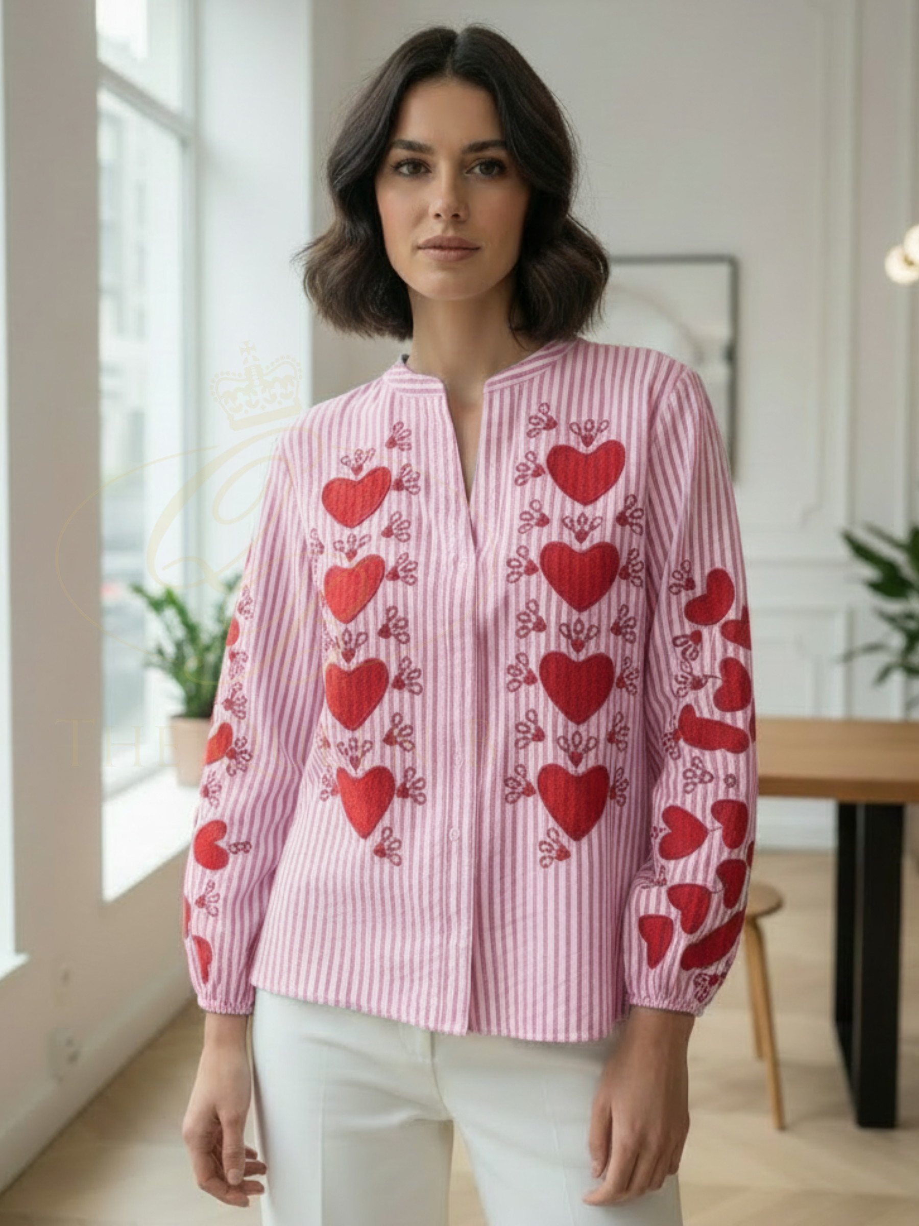 QBSS26 BC Esme Heart Pattern Striped Shirt with red heart motif, long sleeves and relaxed fit.