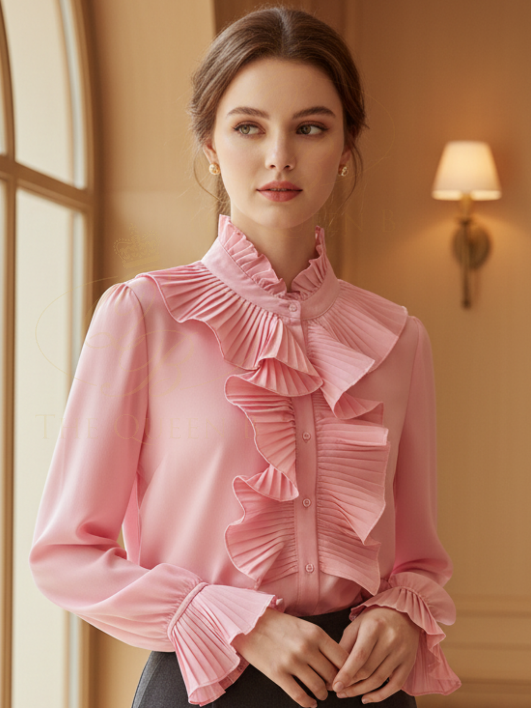 QBSS26 BC Frilly Blouse featuring a high neckline, pleated ruffle front and frilled cuffs.