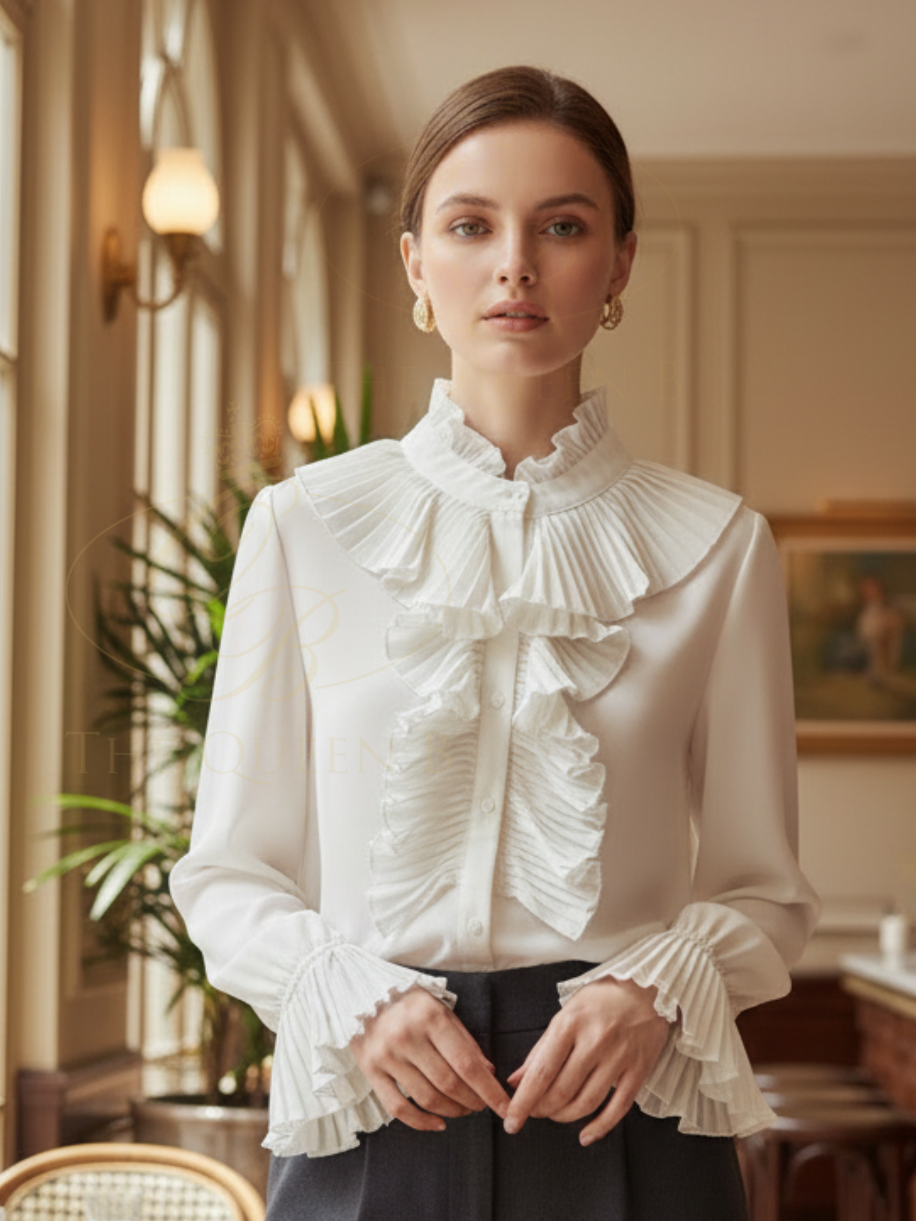 QBSS26 BC Frilly Blouse featuring a high neckline, pleated ruffle front and frilled cuffs.