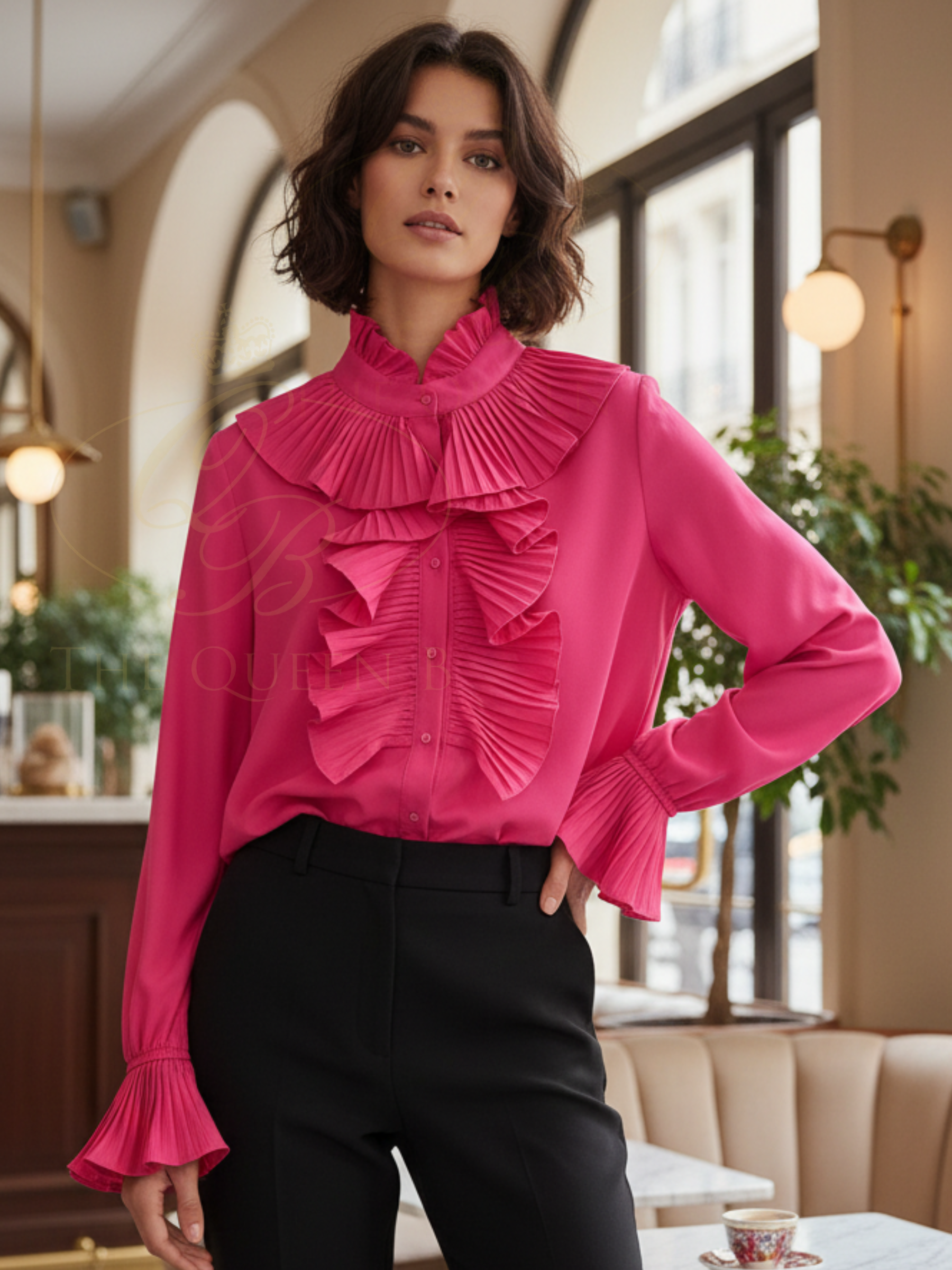 QBSS26 BC Frilly Blouse featuring a high neckline, pleated ruffle front and frilled cuffs.