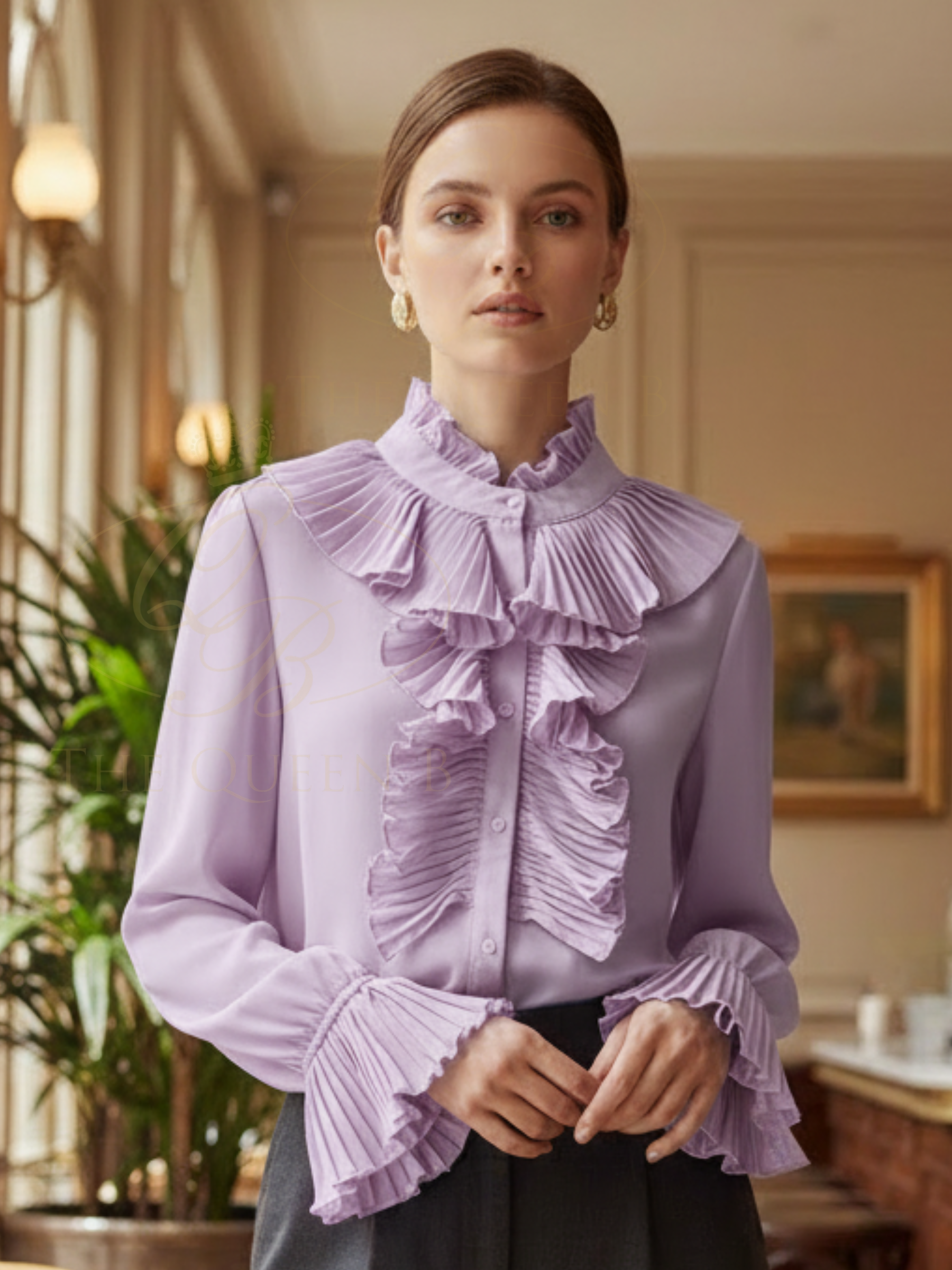 QBSS26 BC Frilly Blouse featuring a high neckline, pleated ruffle front and frilled cuffs.
