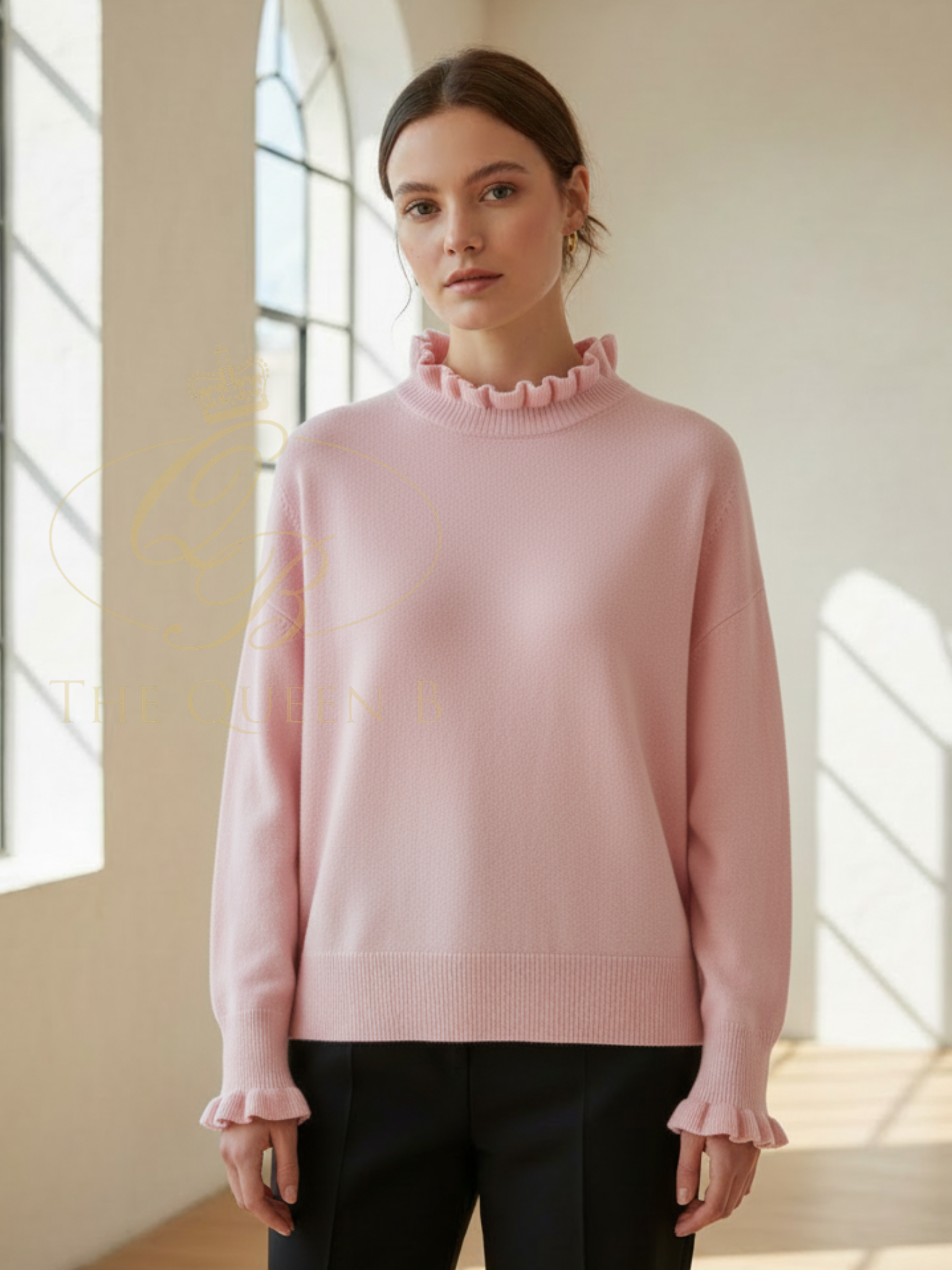 QBSS26 BC Imogen Frilly High Neck Jumper with frilled high neckline, long sleeves and relaxed silhouette.