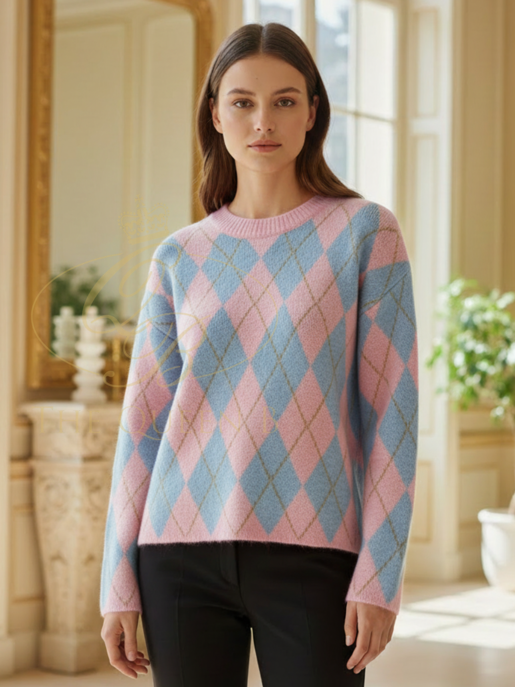 QBSS26 BC Iris Argyle Jumper with classic argyle pattern, long sleeves and round neckline.