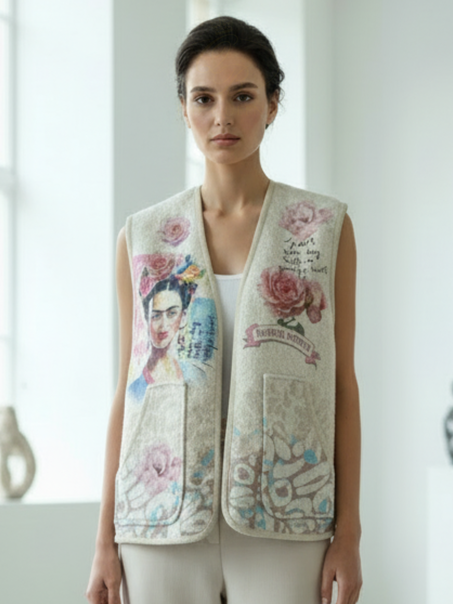 QBSS26 BC Isla Frieda Gilet featuring sleeveless open-front design with Frida-inspired artwork and floral print detailing.