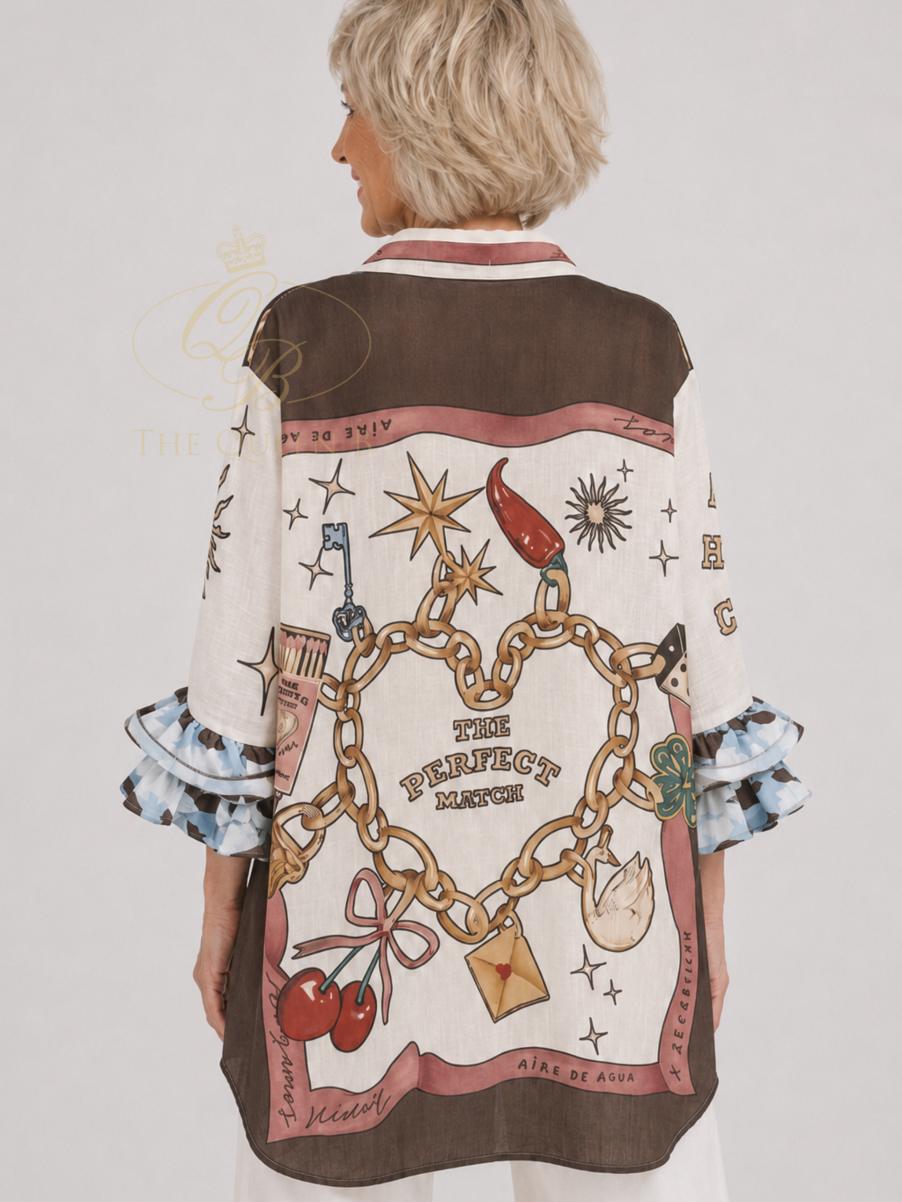 QBSS26 BC Samantha Chain Print Shirt with classic collar, chain graphic print and frill cuff sleeves