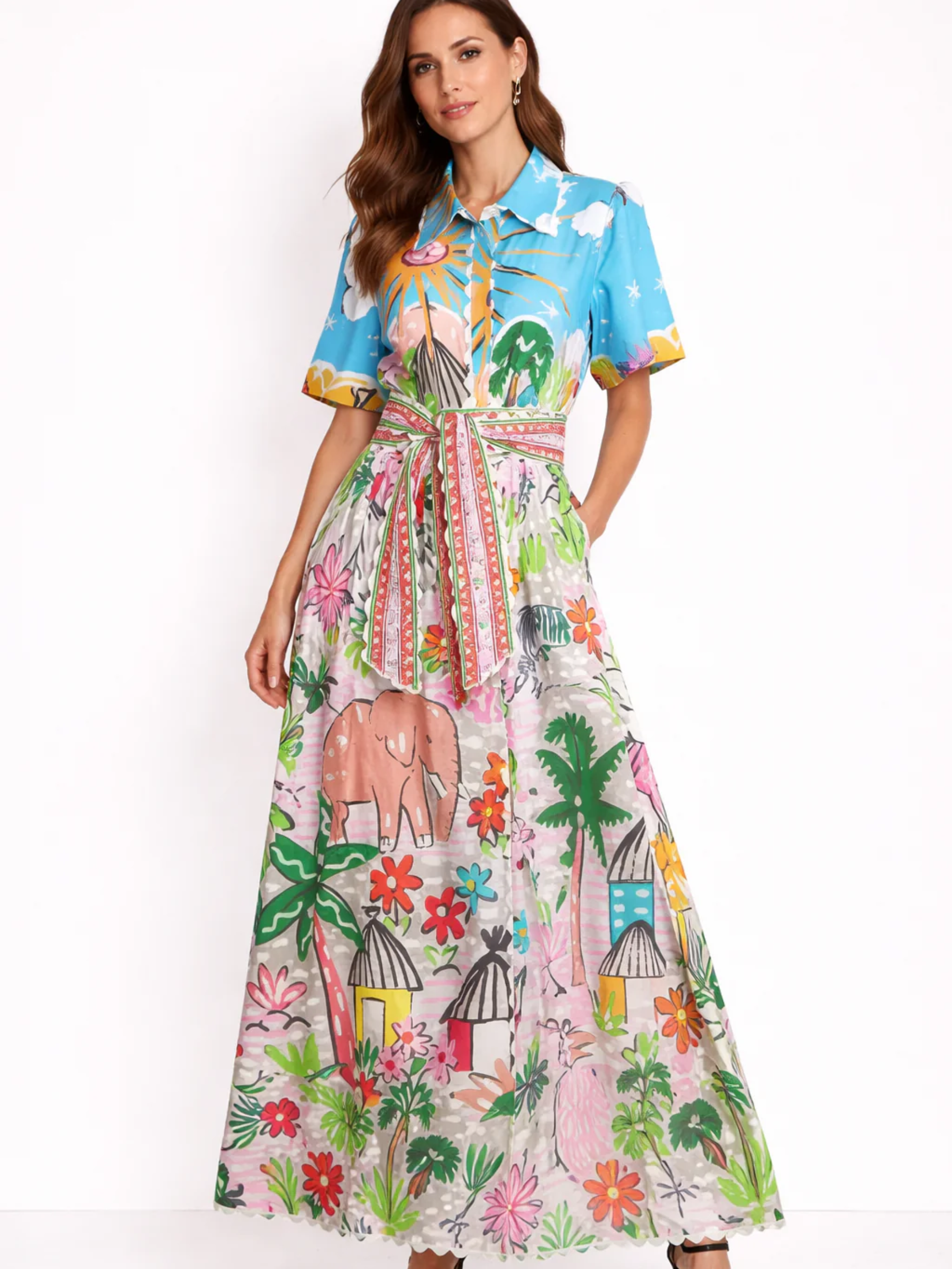 QBSS26 CW SKL008 Maxi Shirt Dress with button front, collar and adjustable waist tie.