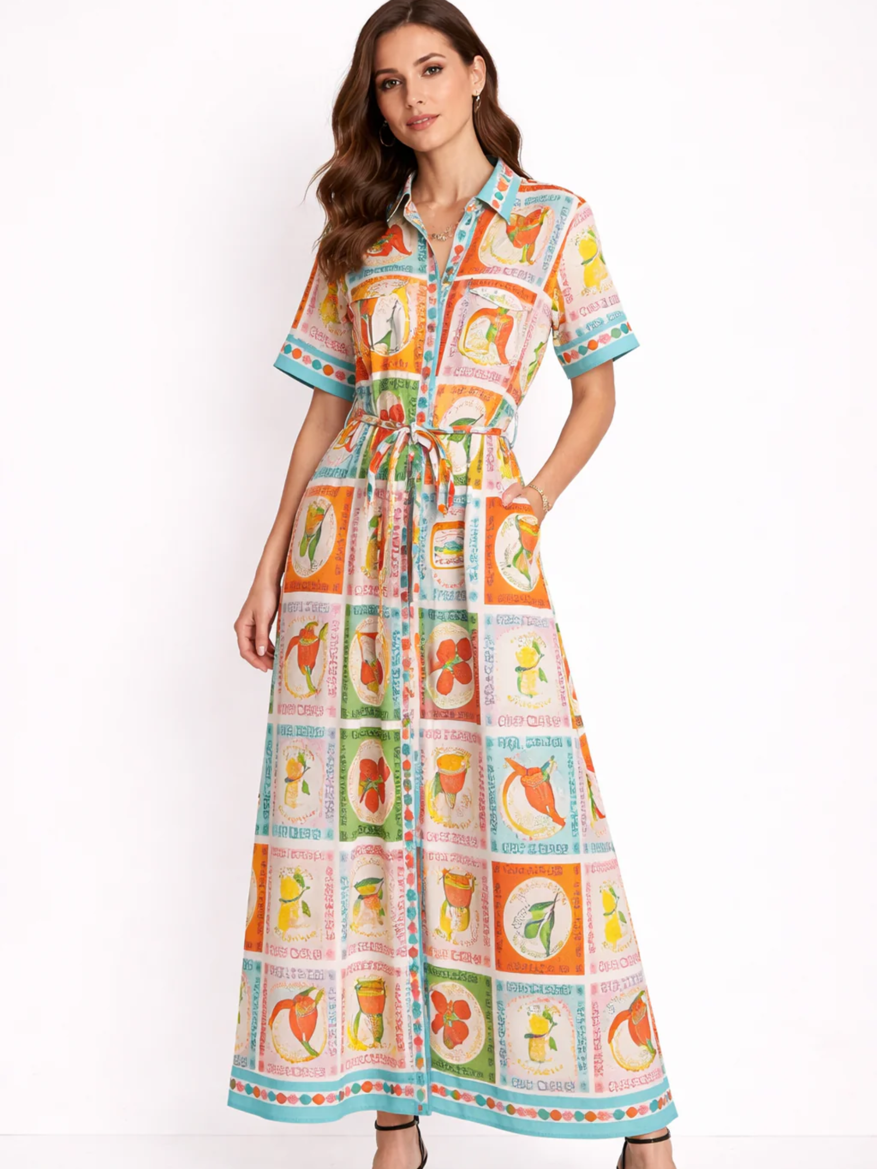 QBSS26 CW SKL011 Maxi Shirt Dress with button front, collar and adjustable waist tie.