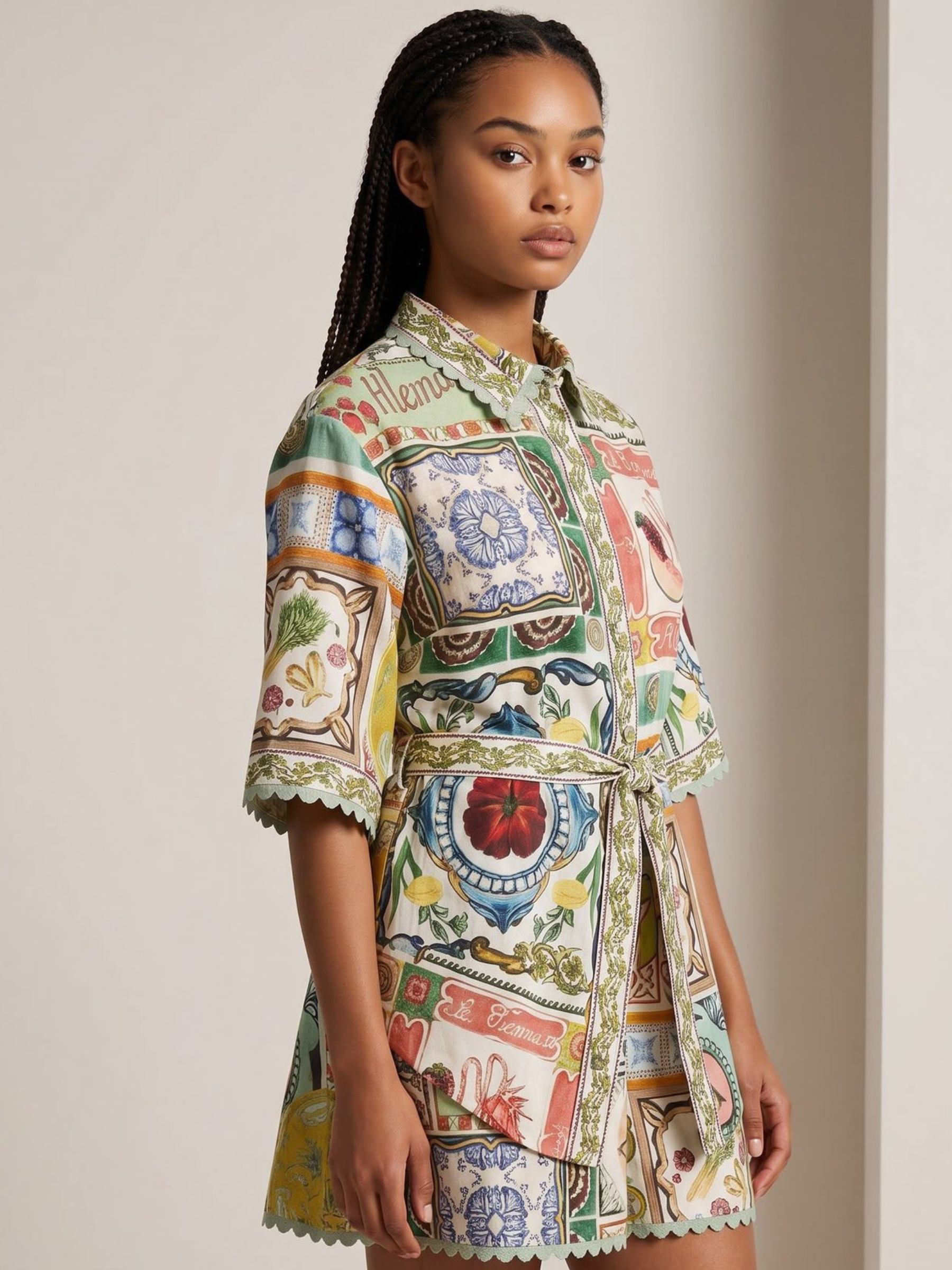 QBSS26 CW SKL036 2-Piece Set with collared shirt, tie belt, relaxed shorts and scalloped trim