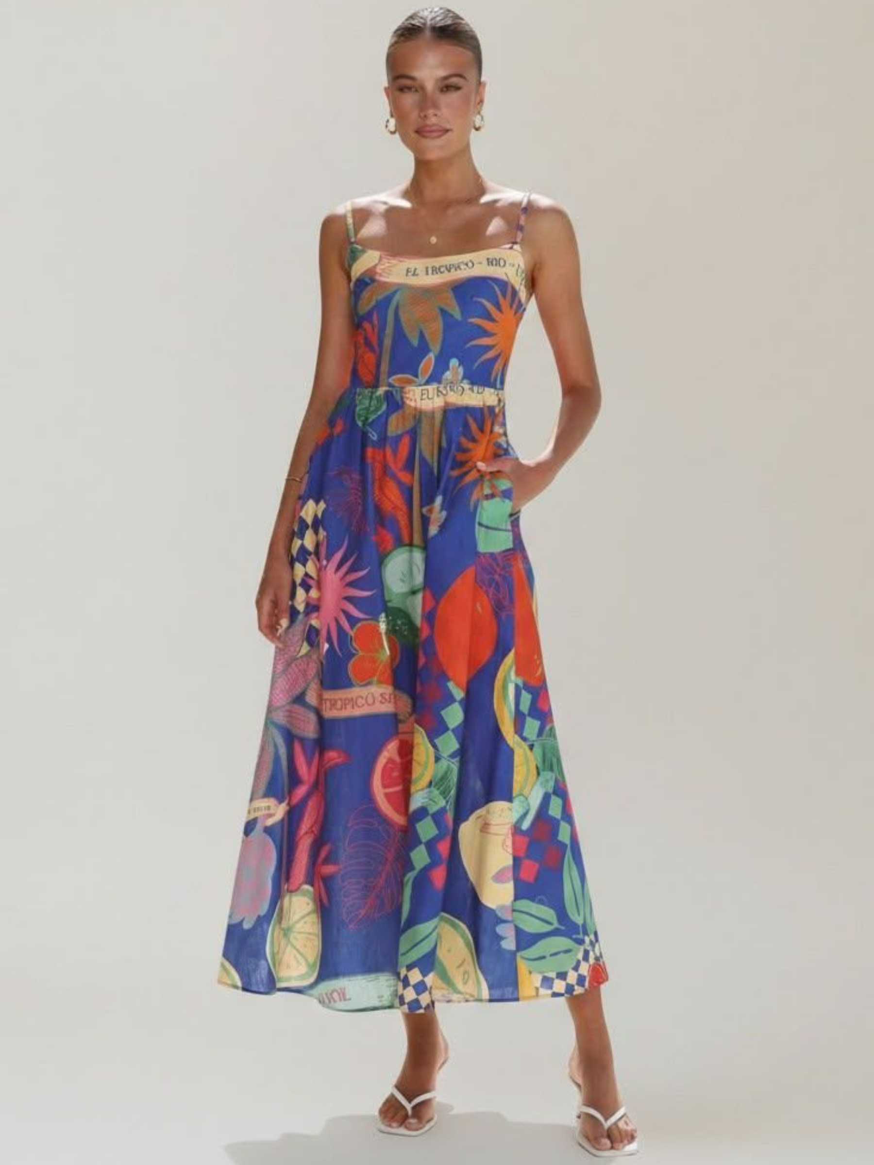 QBSS26 CW SKL049 Midi Spaghetti Strap Dress with A-line skirt, statement print, slim straps and side pockets