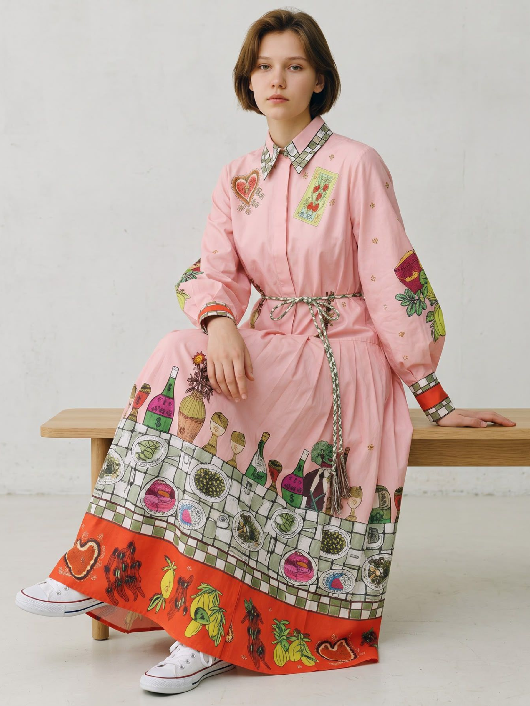 CW SKL059 Maxi Shirt Dress with collared neckline, button front, tie belt and statement border print