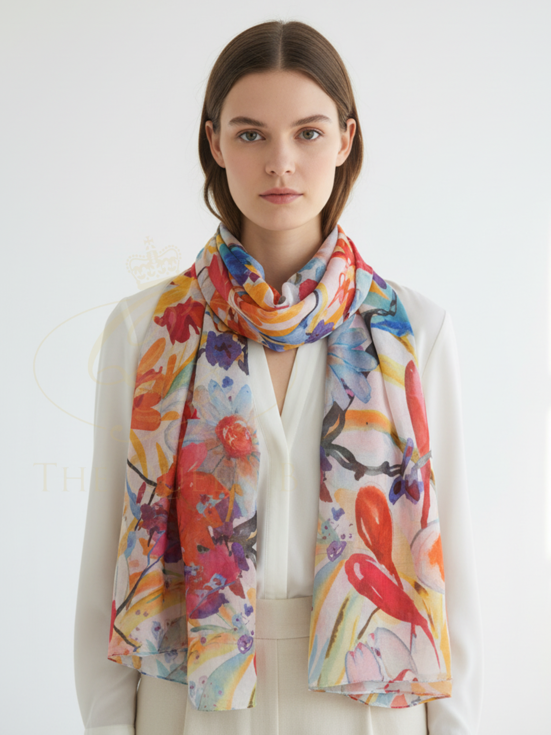 QBSS26 EV Emily Floral Pattern Scarf with lightweight fabric and all-over floral print, styled draped around the neck.