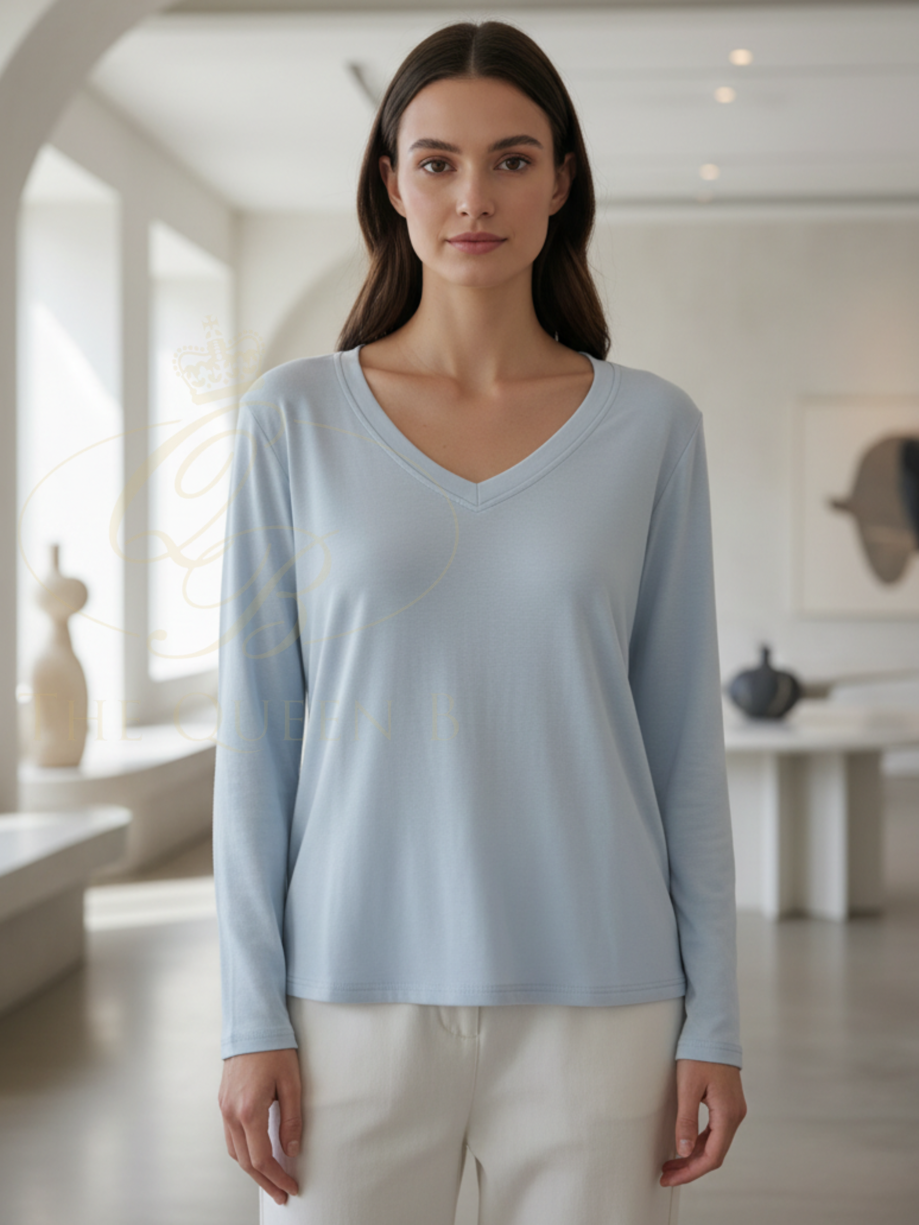 QBSS26 EV Gemma Long Sleeve V Neck Top with fleece-lined interior, stretch fabric and flattering V-neck silhouette.