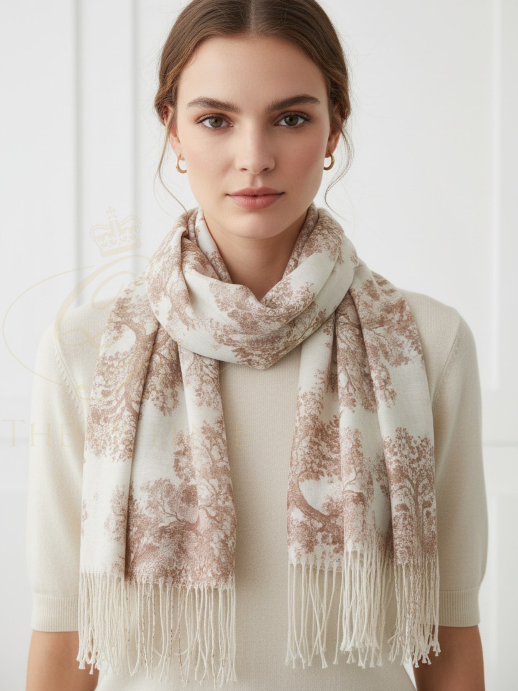 QBSS26 EV Hannah Toile Pattern Scarf with classic toile design, lightweight fabric and fringe edging, styled draped around the neck.