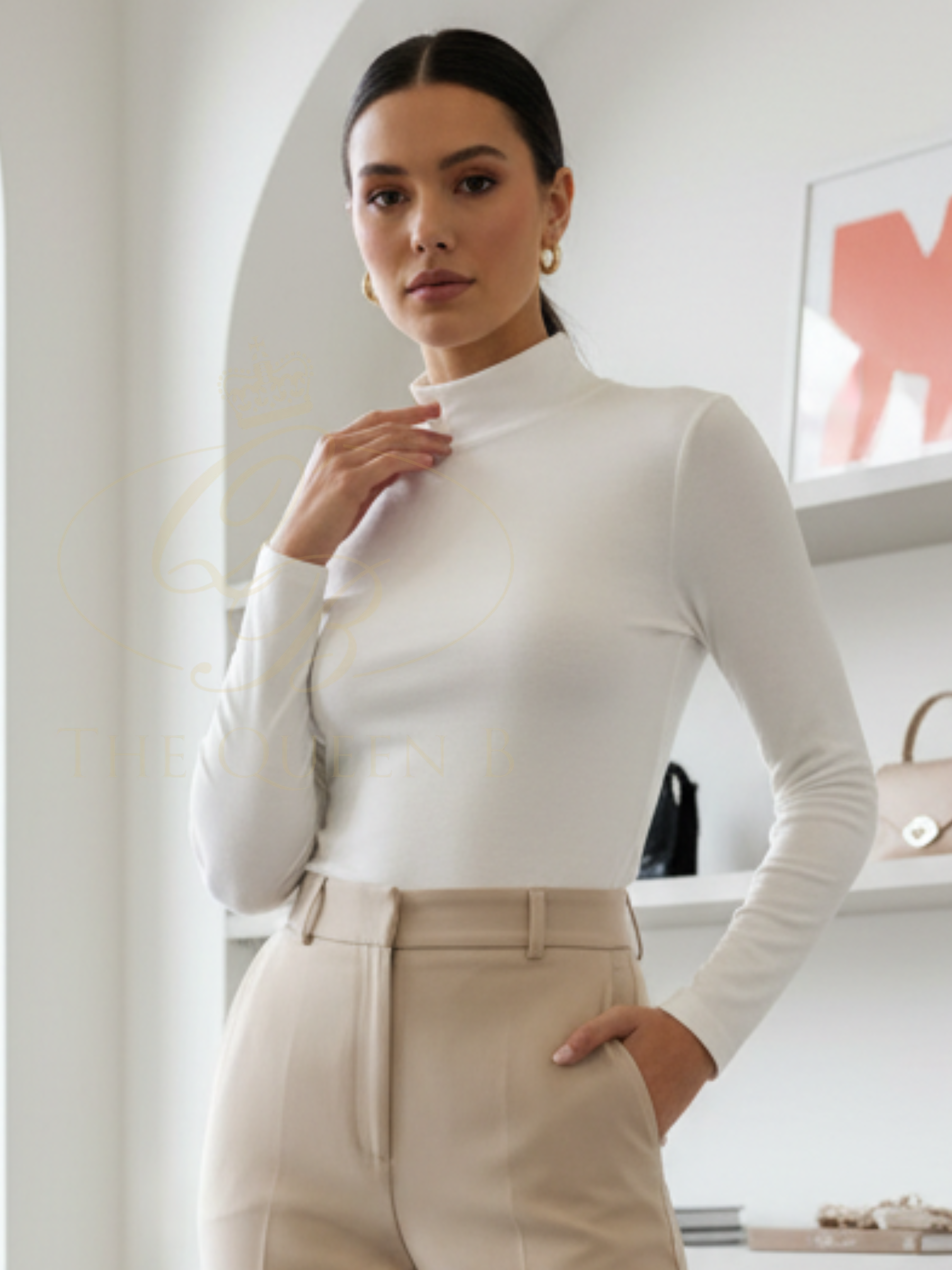 QBSS26 EV Shannon Tunnel Neck Long Sleeve Top with fleece-lined interior, tunnel neckline, stretch fabric and relaxed fit for everyday wear.