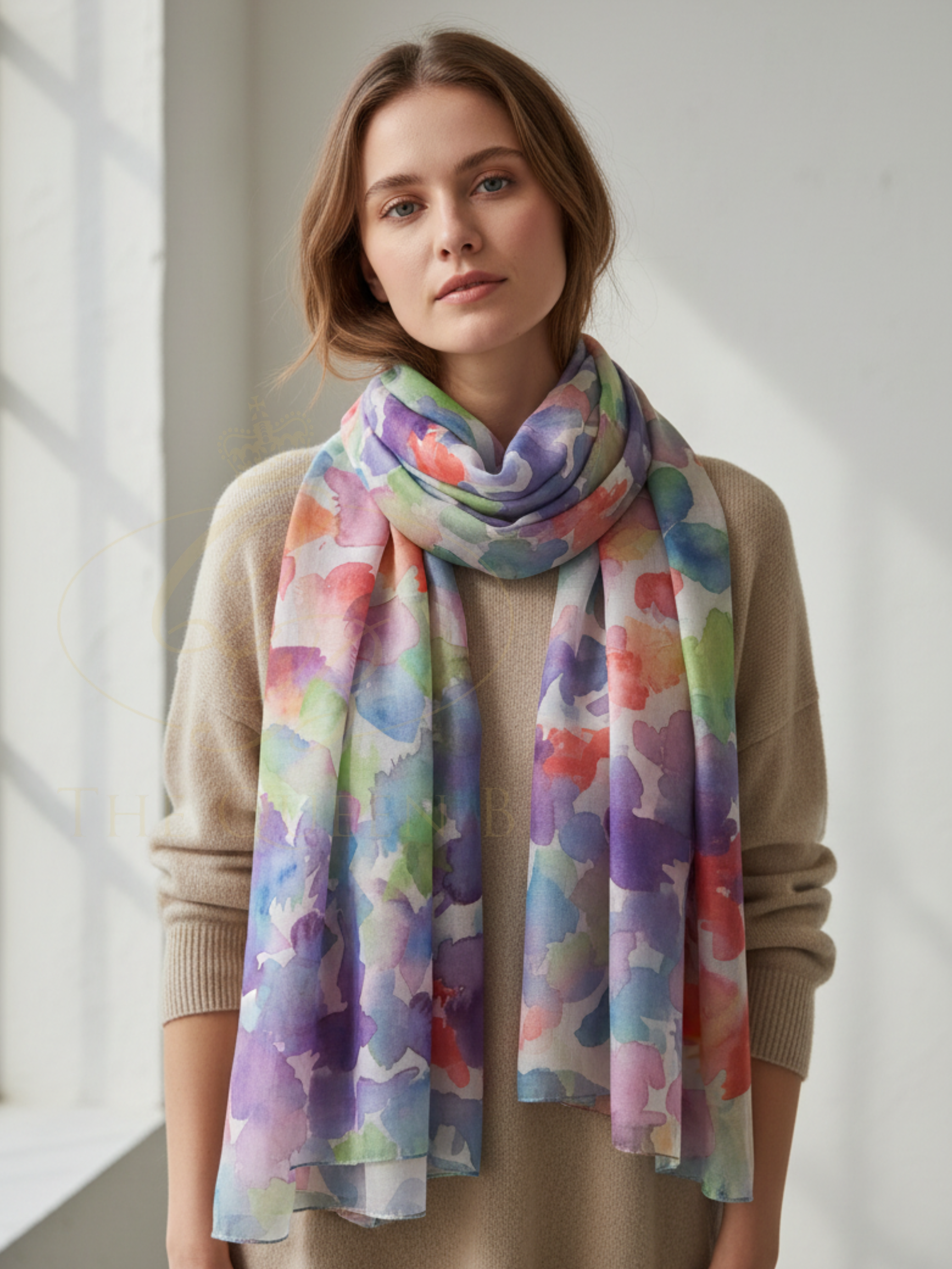QBSS26 EV Sophia Watercolour Pattern Scarf with soft watercolour print, lightweight fabric and fluid drape, styled around the neck.