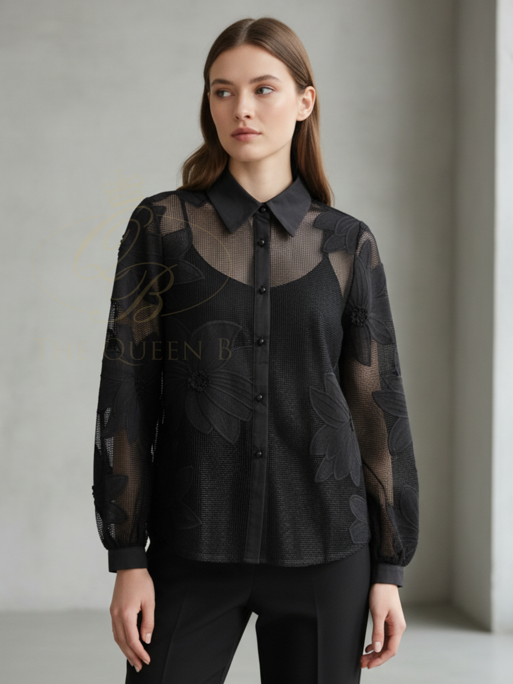 QBSS26 LX Andrea Sheer Mesh Floral Shirt with sheer mesh fabric, floral appliqué embroidery and classic collared button-through design.