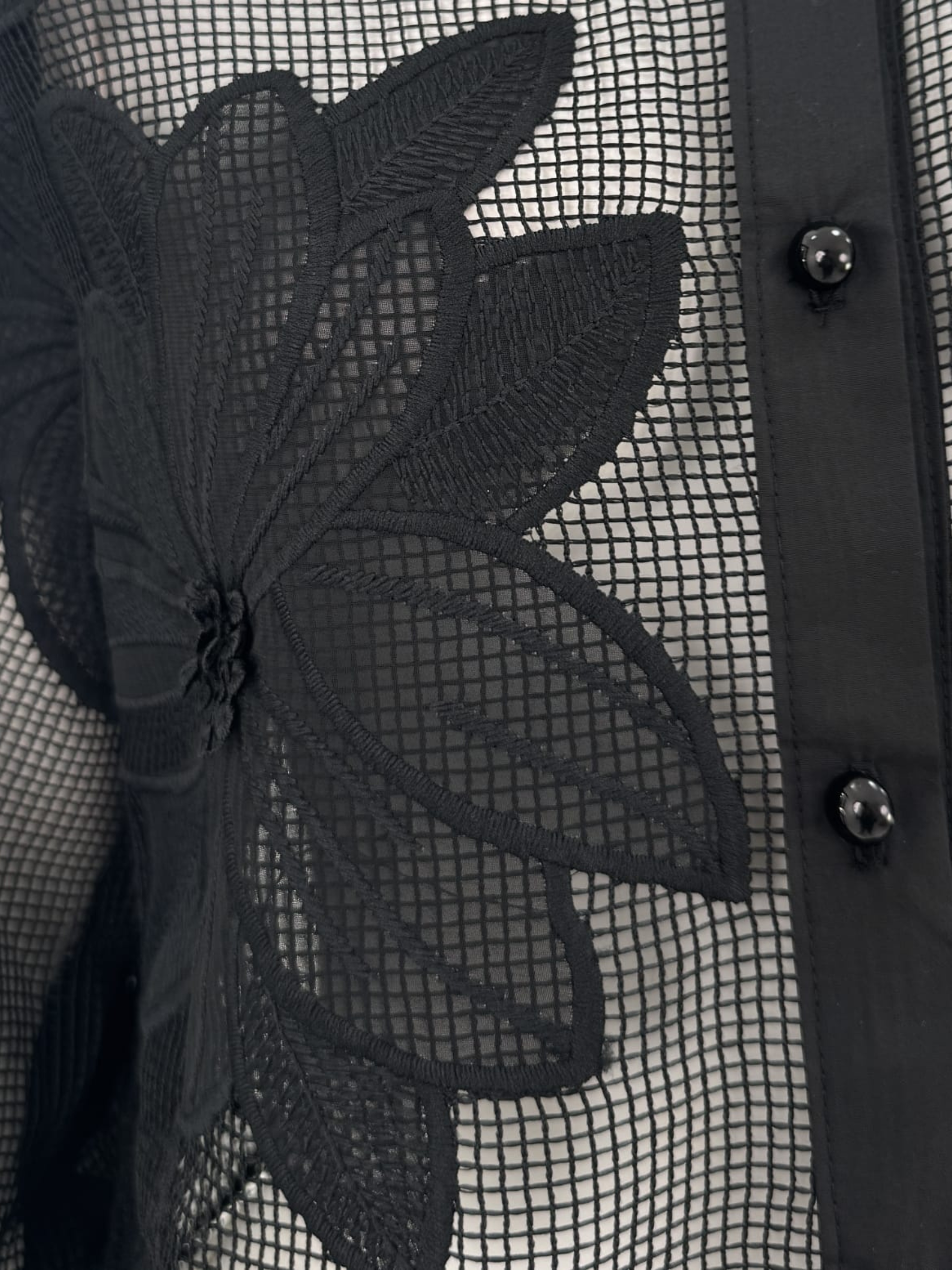 QBSS26 LX Andrea Sheer Mesh Floral Shirt with sheer mesh fabric, floral appliqué embroidery and classic collared button-through design.