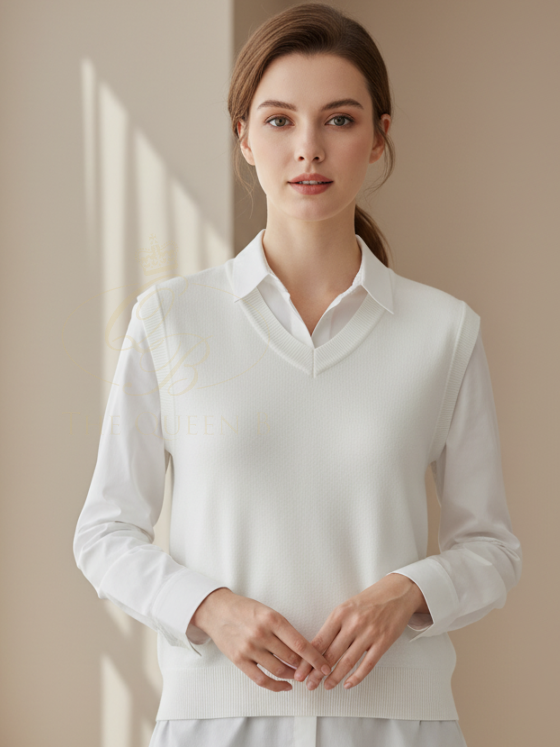 QBSS26 LX Clara V-Neck Knit Vest in cream, sleeveless soft knit design with flattering V-neckline and clean silhouette.