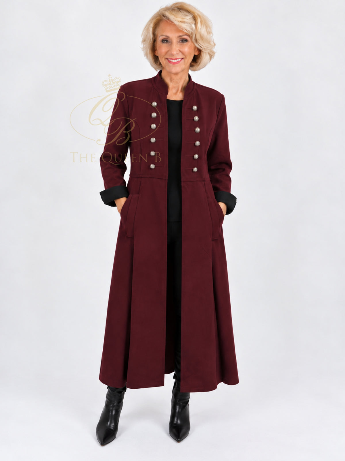 QBSS26 LX Eleanor military style longline coat with stand collar, decorative button detailing and tailored