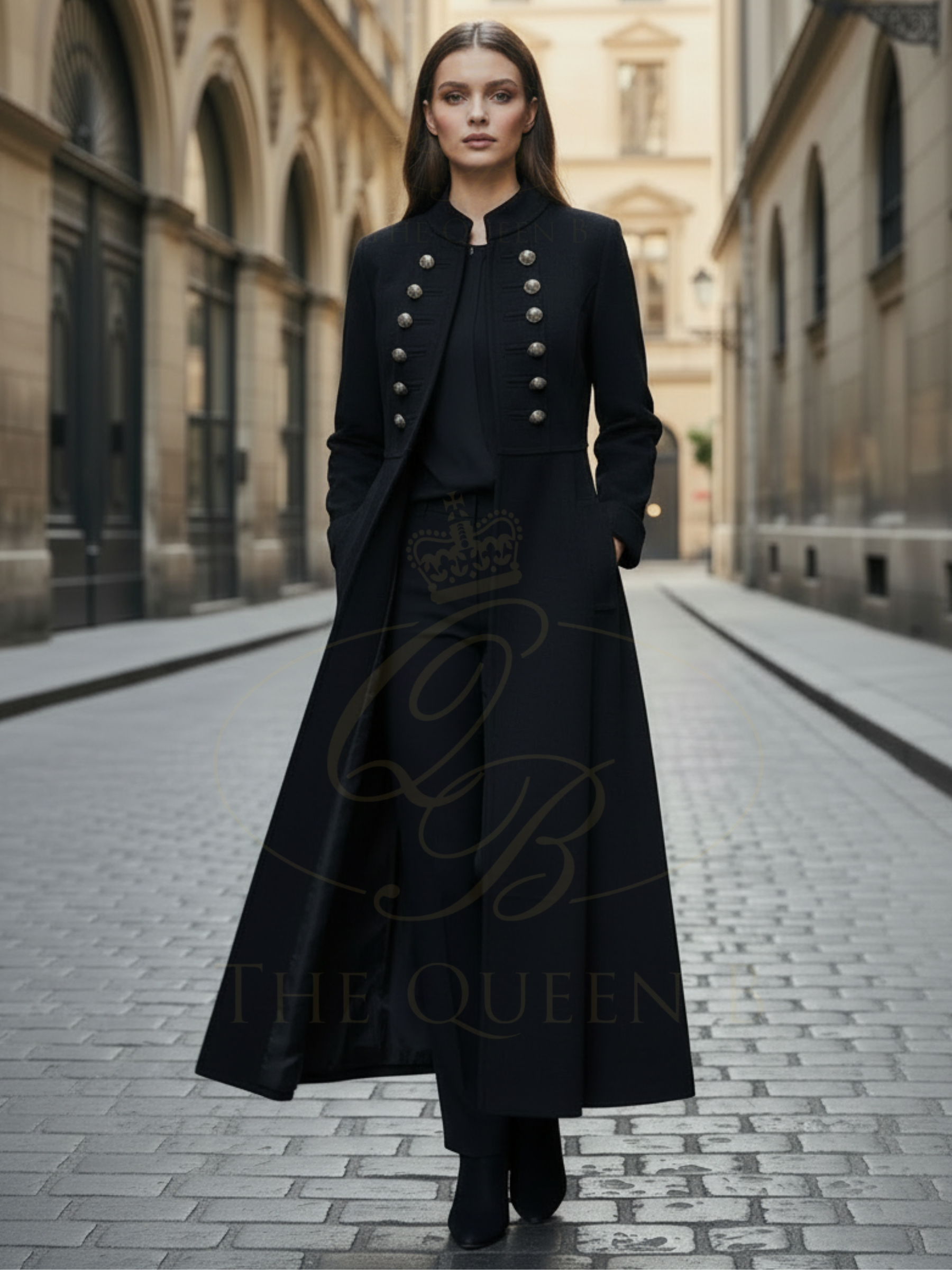 QBSS26 LX Eleanor military style longline coat with stand collar, decorative button detailing and tailored waist.