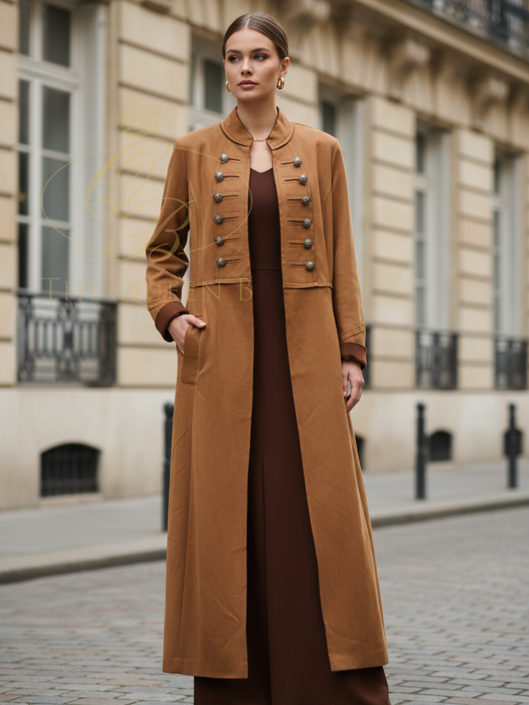 QBSS26 LX Eleanor military style longline coat with stand collar, decorative button detailing and tailored waist.