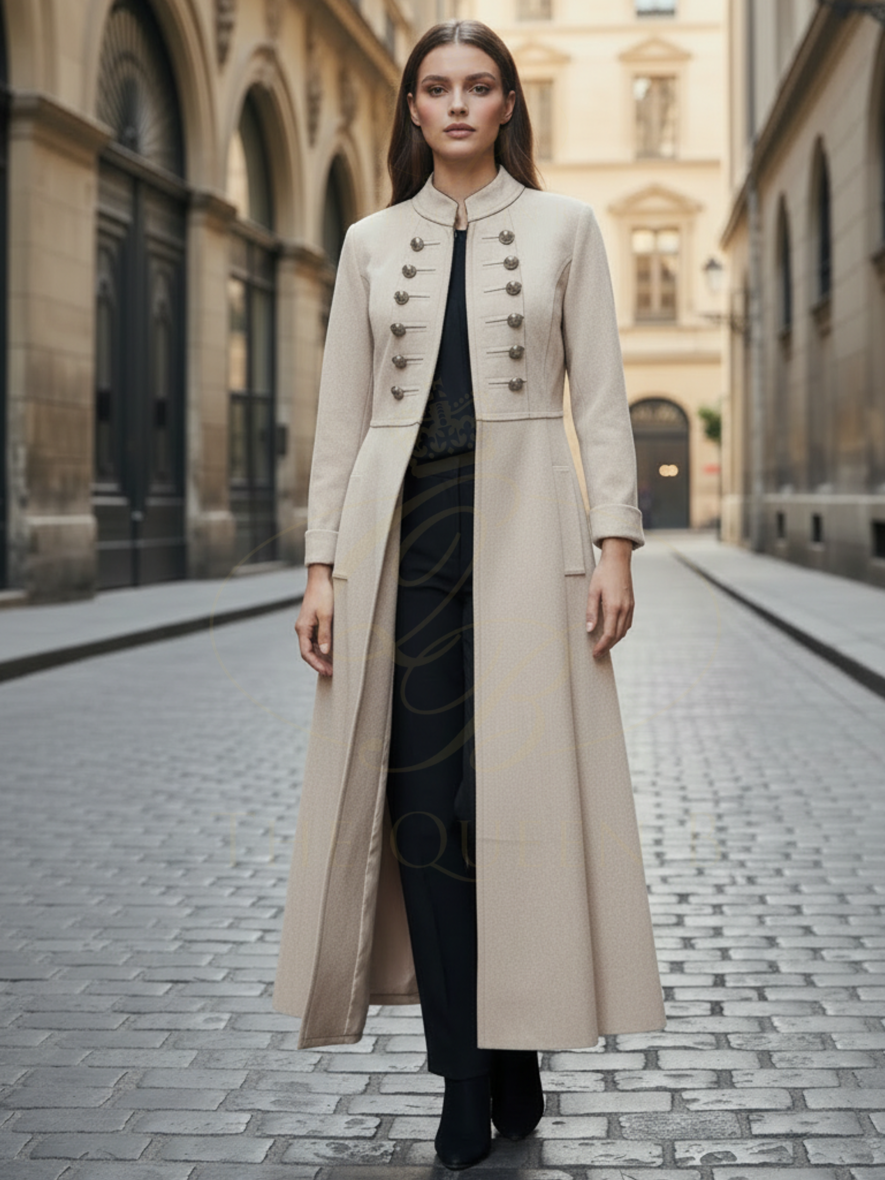 QBSS26 LX Eleanor military style longline coat with stand collar, decorative button detailing and tailored waist.