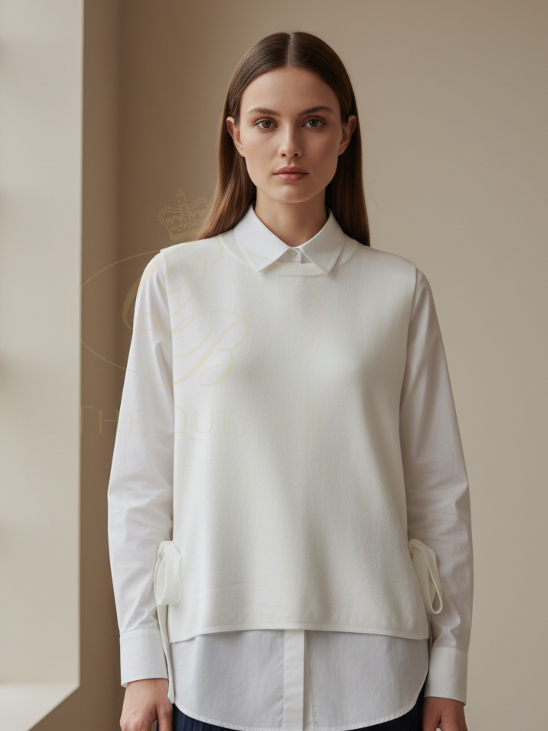 QBSS26 LX Ella Side Tie Knit Vest in WHITE, sleeveless knit design with side tie detailing and round neckline.