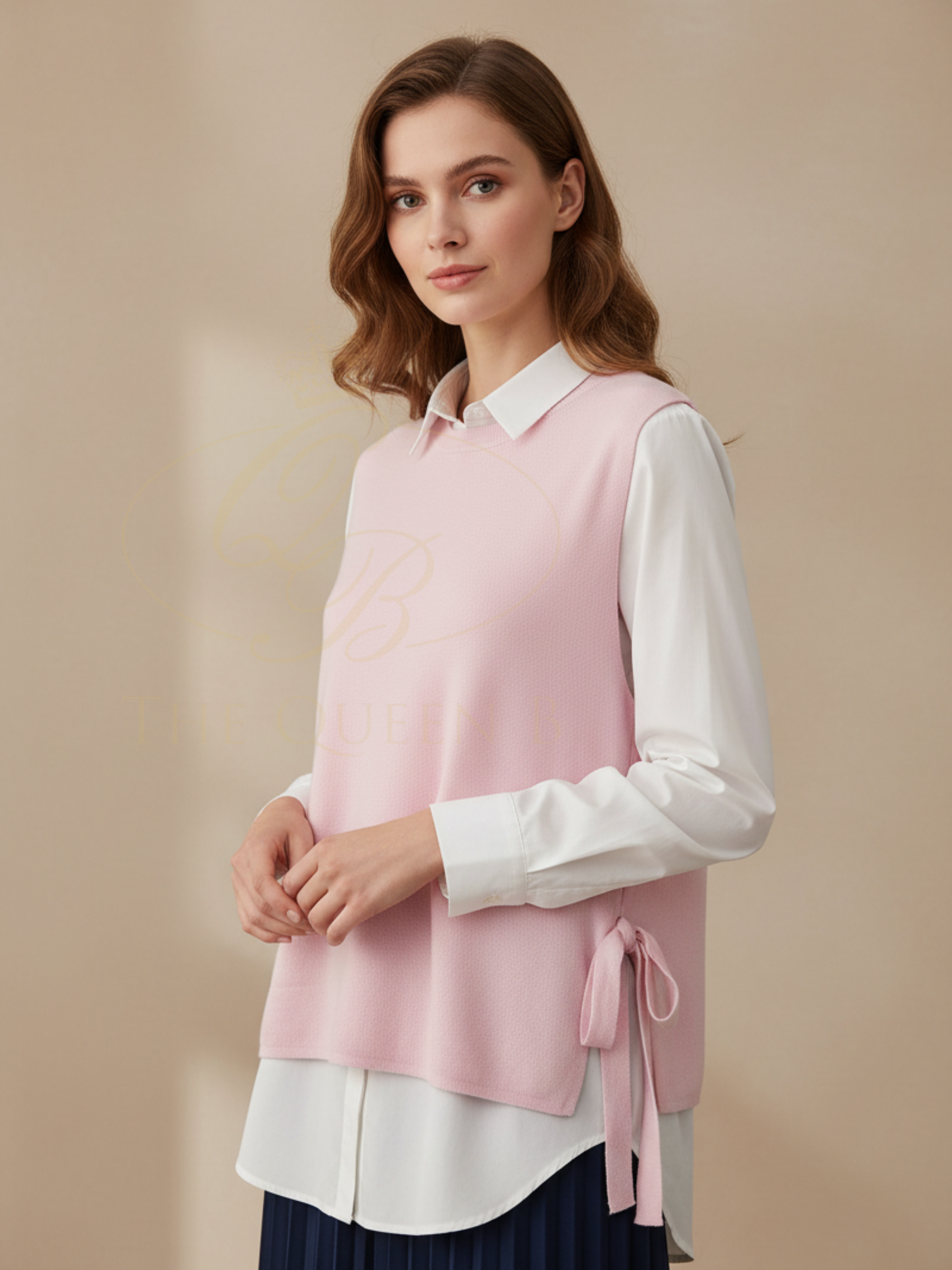 QBSS26 LX Ella Side Tie Knit Vest in pink, sleeveless knit design with side tie detailing and round neckline.