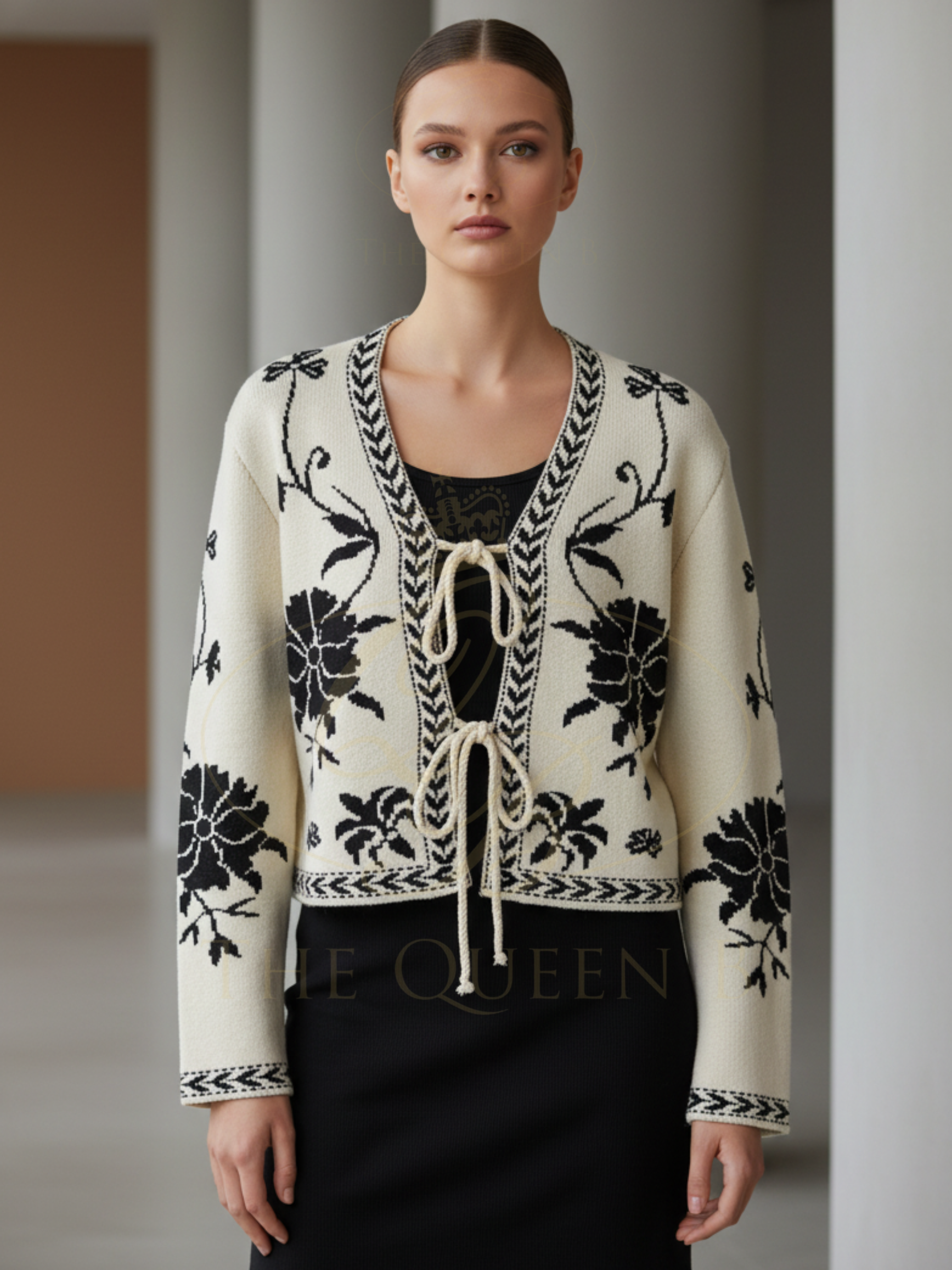 QBSS26 LX Katherine Cardigan cream knit cardigan with black floral pattern, contrast trim and tie-front fastening.