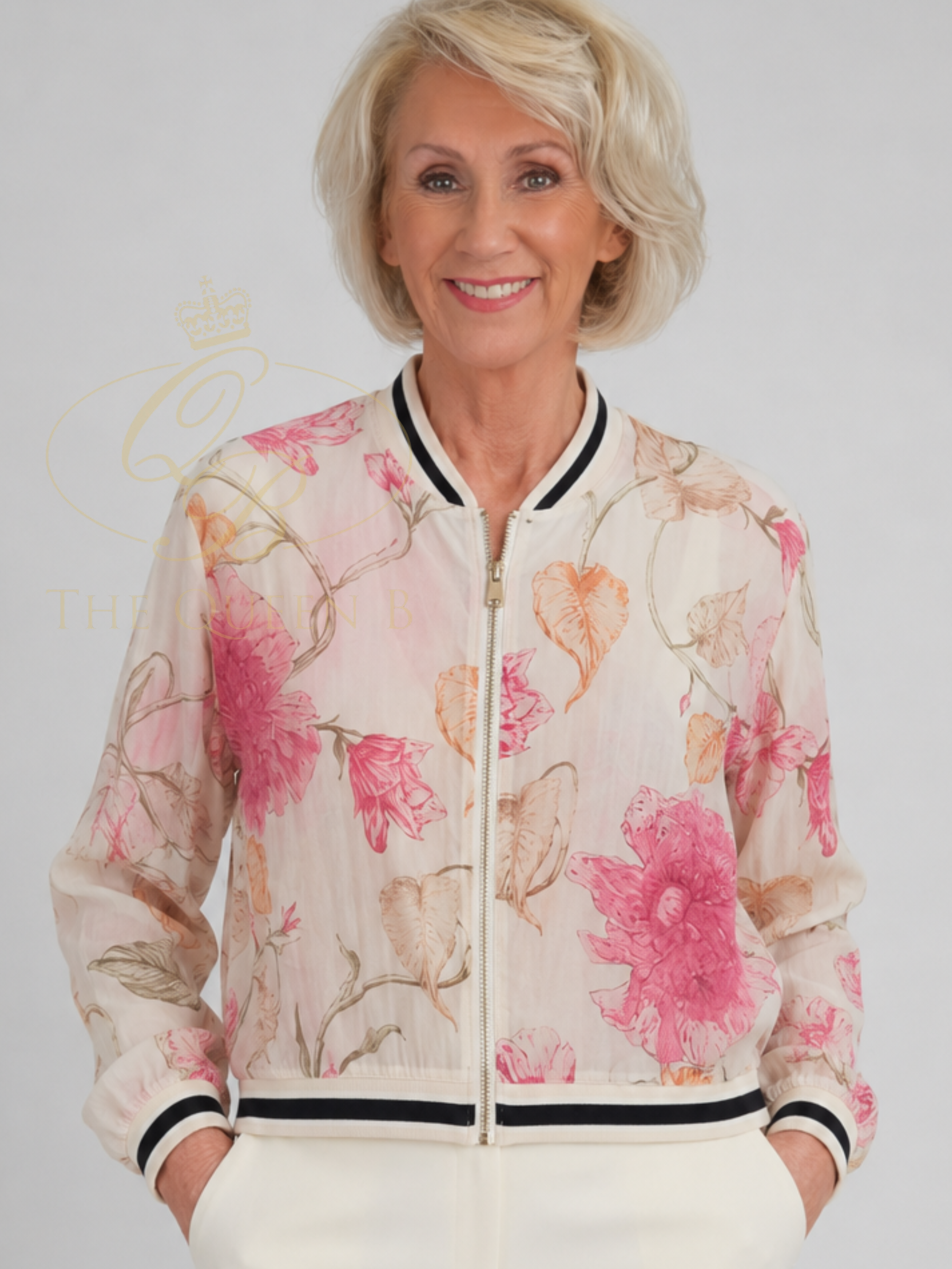 QBSS26 LX Lottie Floral Bomber Jacket with zip front, round neckline, floral print and contrast trim detail