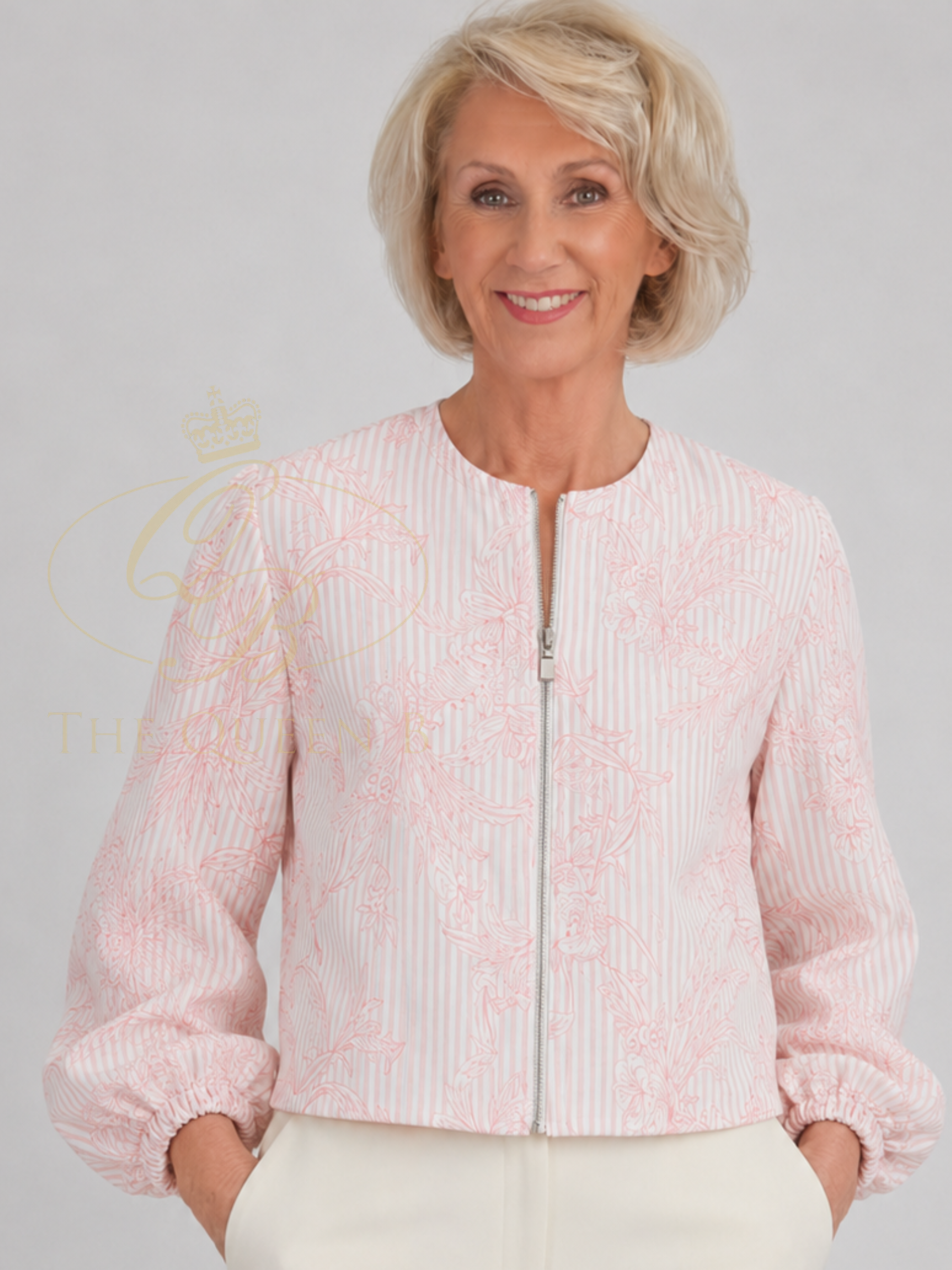 QBSS26 LX Maisie Floral Stripe Bomber Jacket with zip front, round neckline, floral stripe print and blouson sleeves