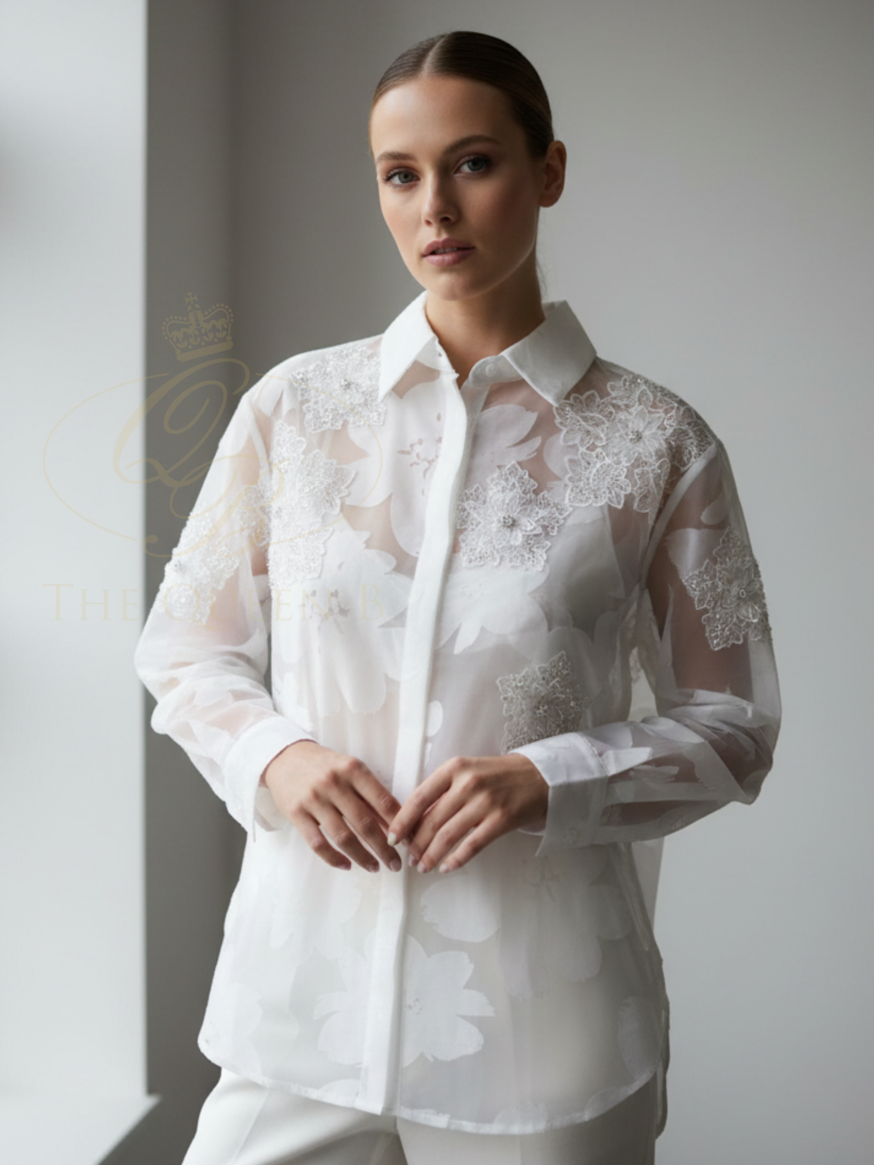 QBSS26 LX Sasha Floral Embroidered Shirt featuring delicate floral embroidery, semi-sheer fabric and a relaxed button-through silhouette.