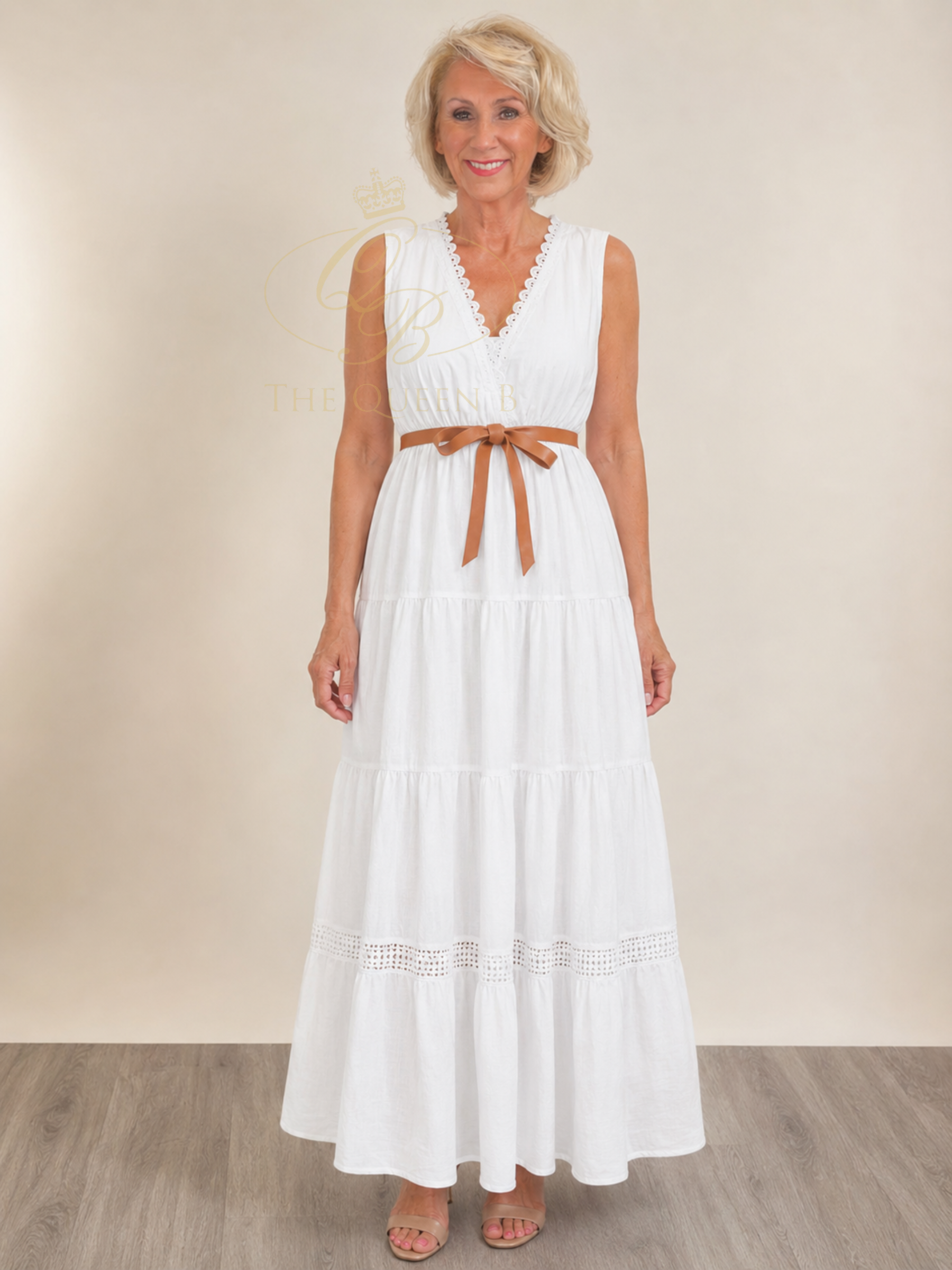 QBSS26 LX Willow V-Neck Dress with sleeveless design, tiered maxi skirt, V-neckline and self-tie waist belt