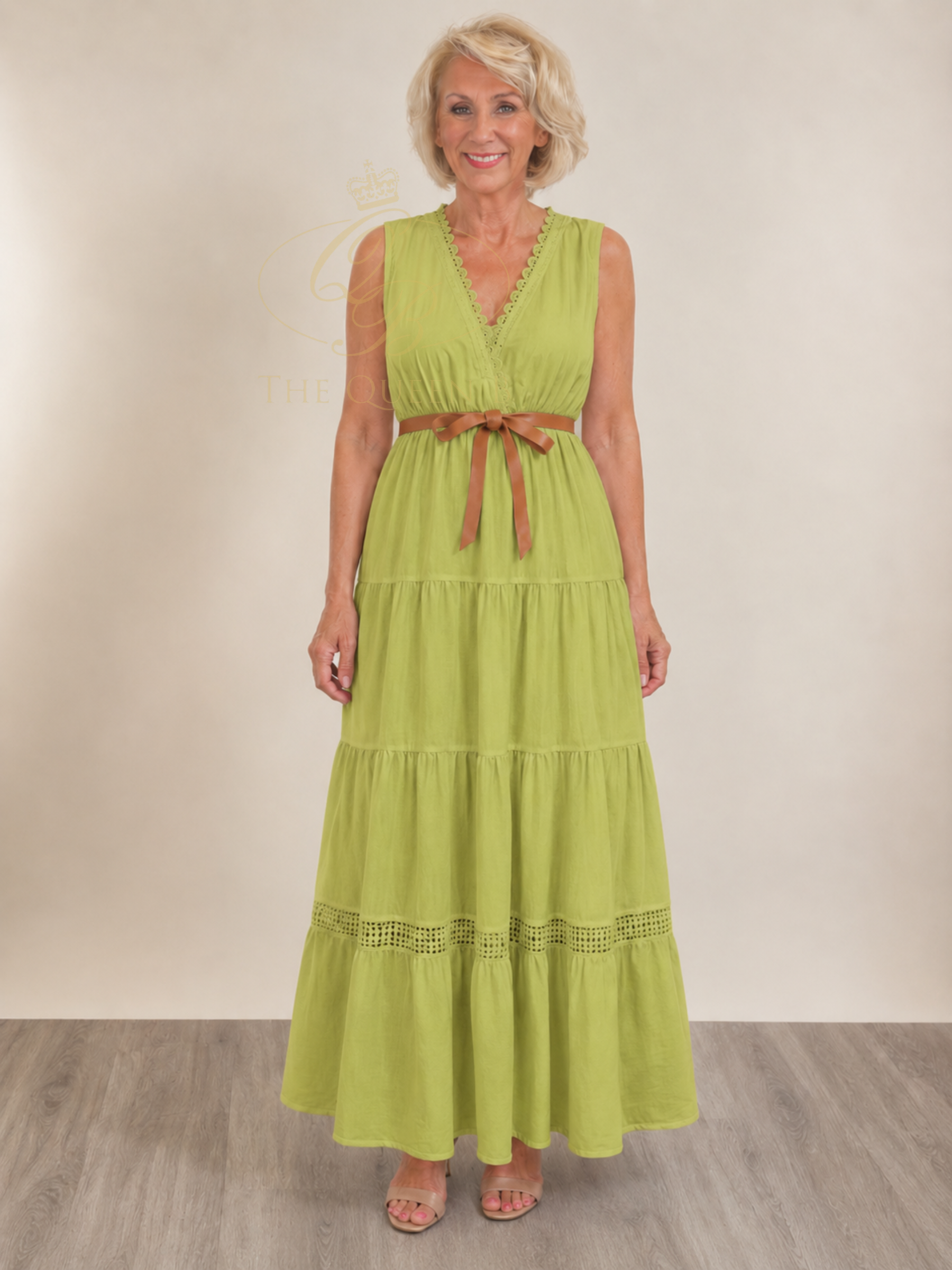 QBSS26 LX Willow V-Neck Dress with sleeveless design, tiered maxi skirt, V-neckline and self-tie waist belt
