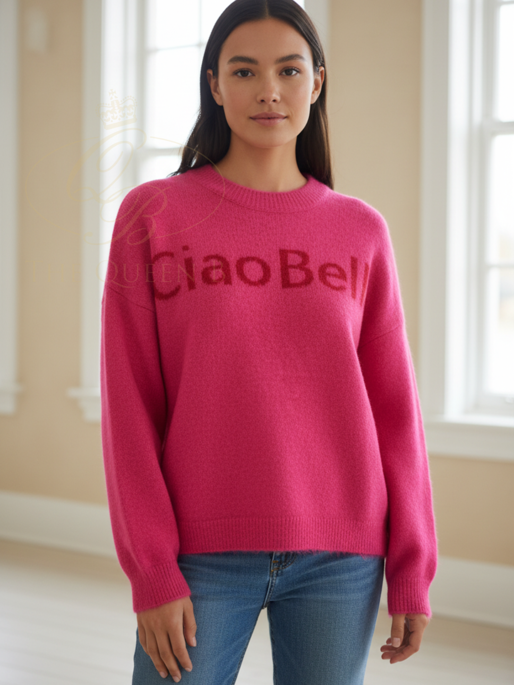 QBSS26 UA Dawn Ciao Bella Jumper with soft knit fabric, slogan front detail and relaxed fit silhouette.