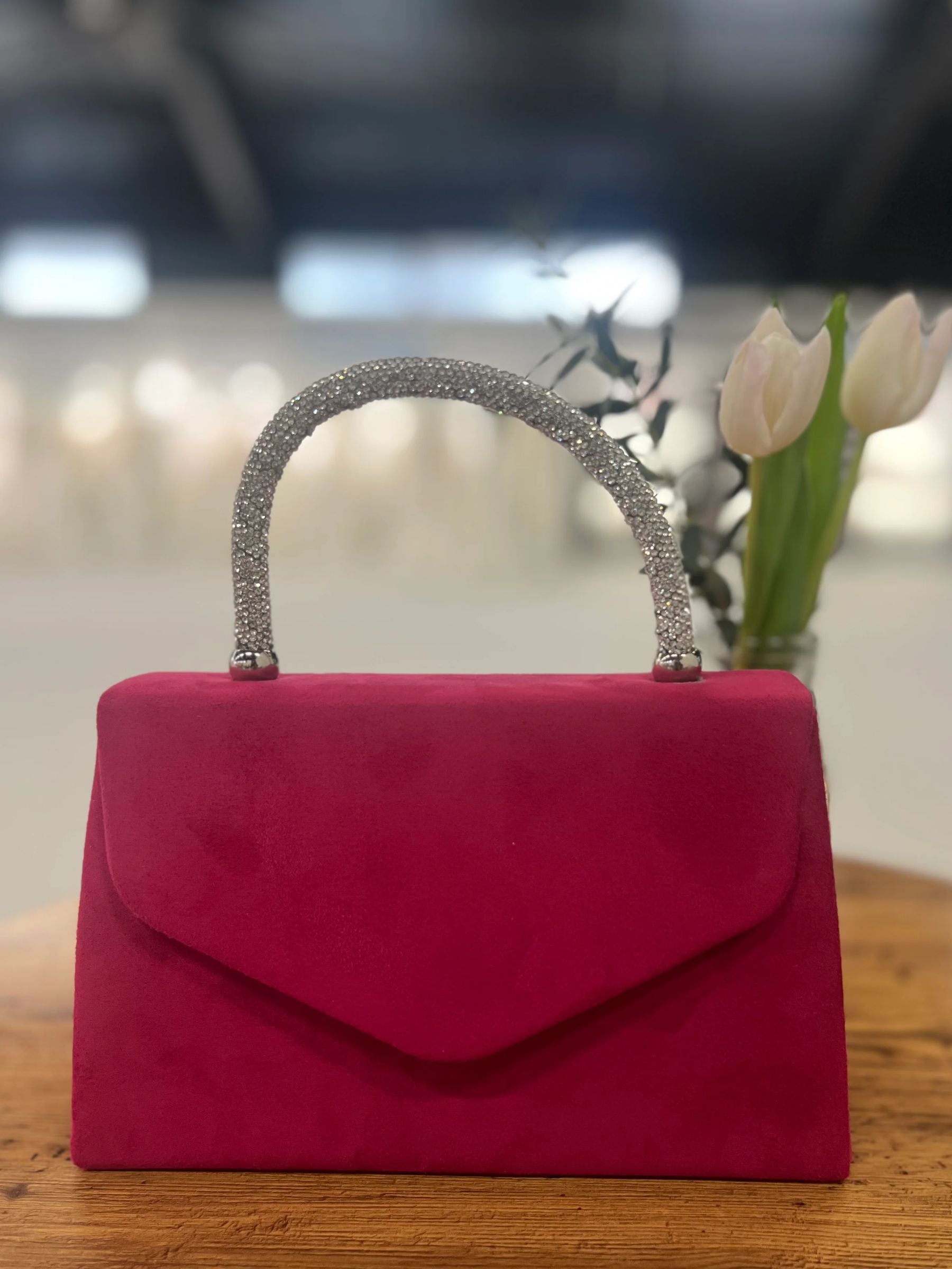 Fuchsia structured handbag with sparkling rhinestone handle - elegant women’s evening bag for weddings, parties and chic occasionwear