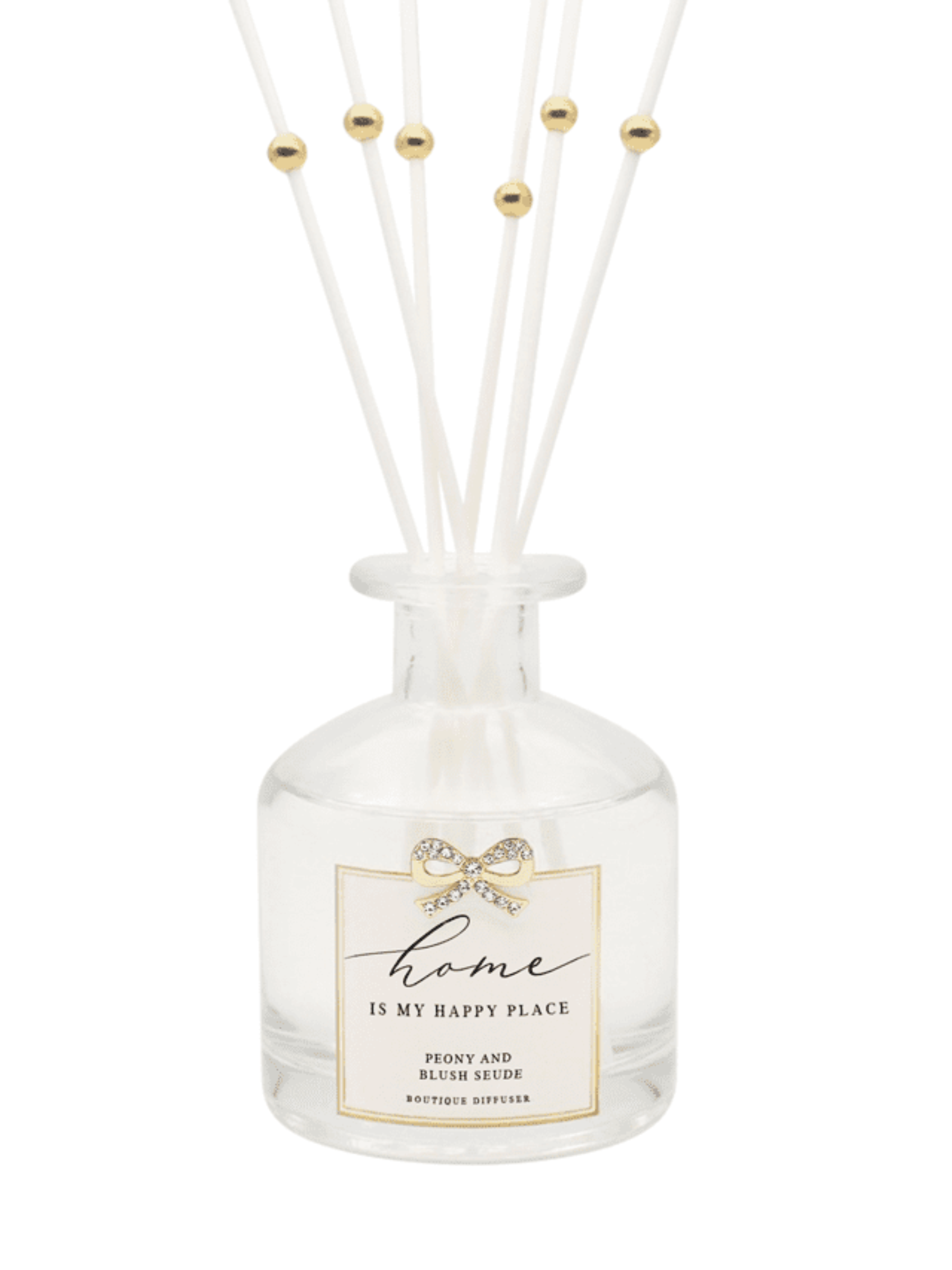 QB DIF3 Home Peony & Blush Diffuser – luxury home fragrance diffuser with Peony & Blush scent, gold diamanté bow, and “Home” sentiment. Perfect gift for elegant home décor.