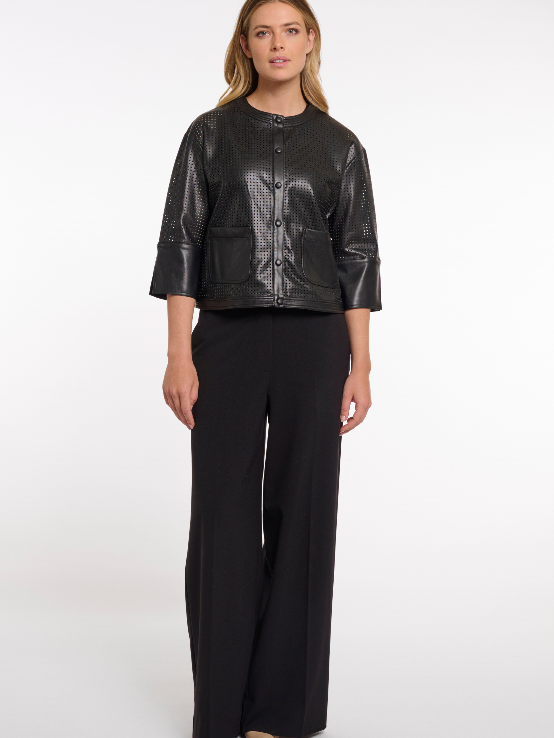 Rino & Pelle Abou Jacket with perforated faux leather design, cropped structured silhouette and modern button front.