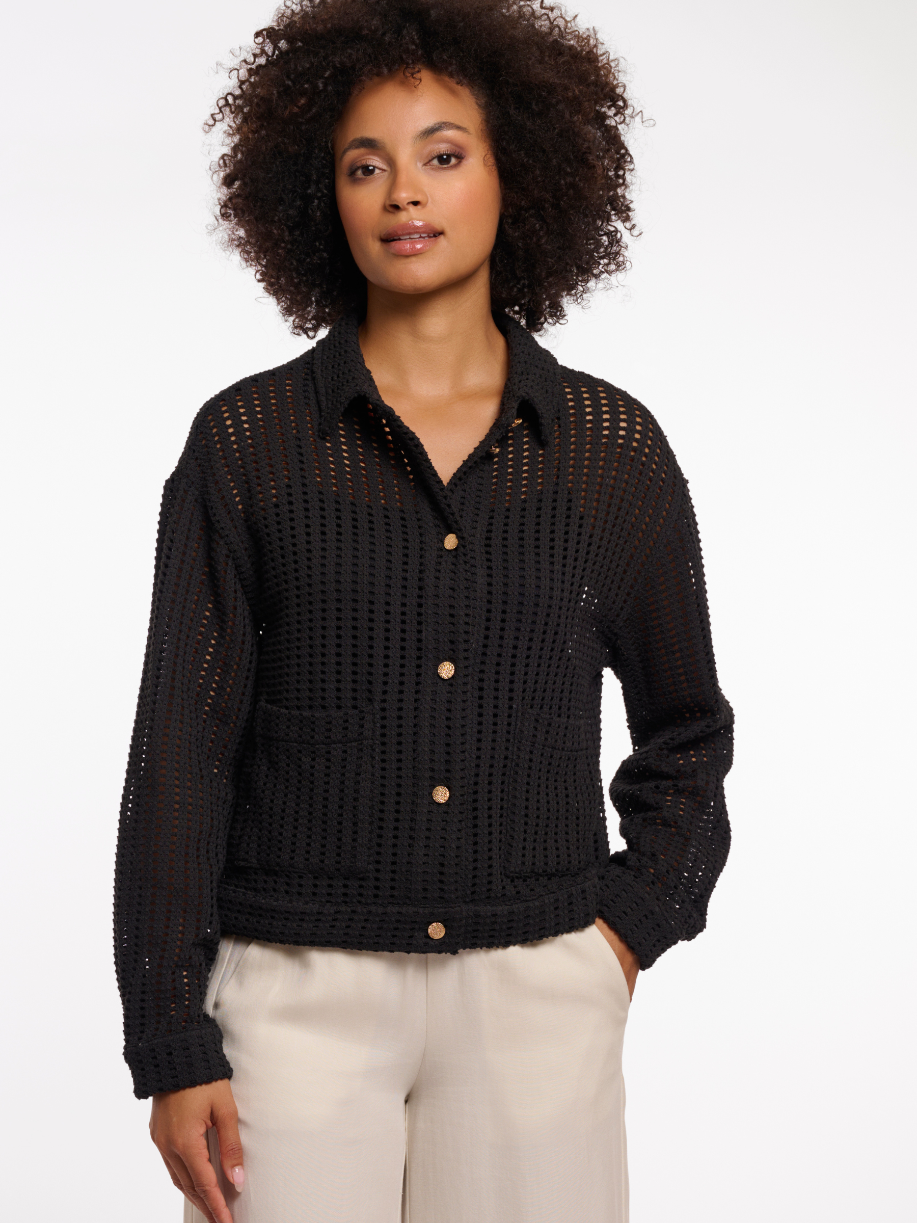 Rino & Pelle Carmen Jacket open knit textured jacket with collar, button fastening and patch pockets.