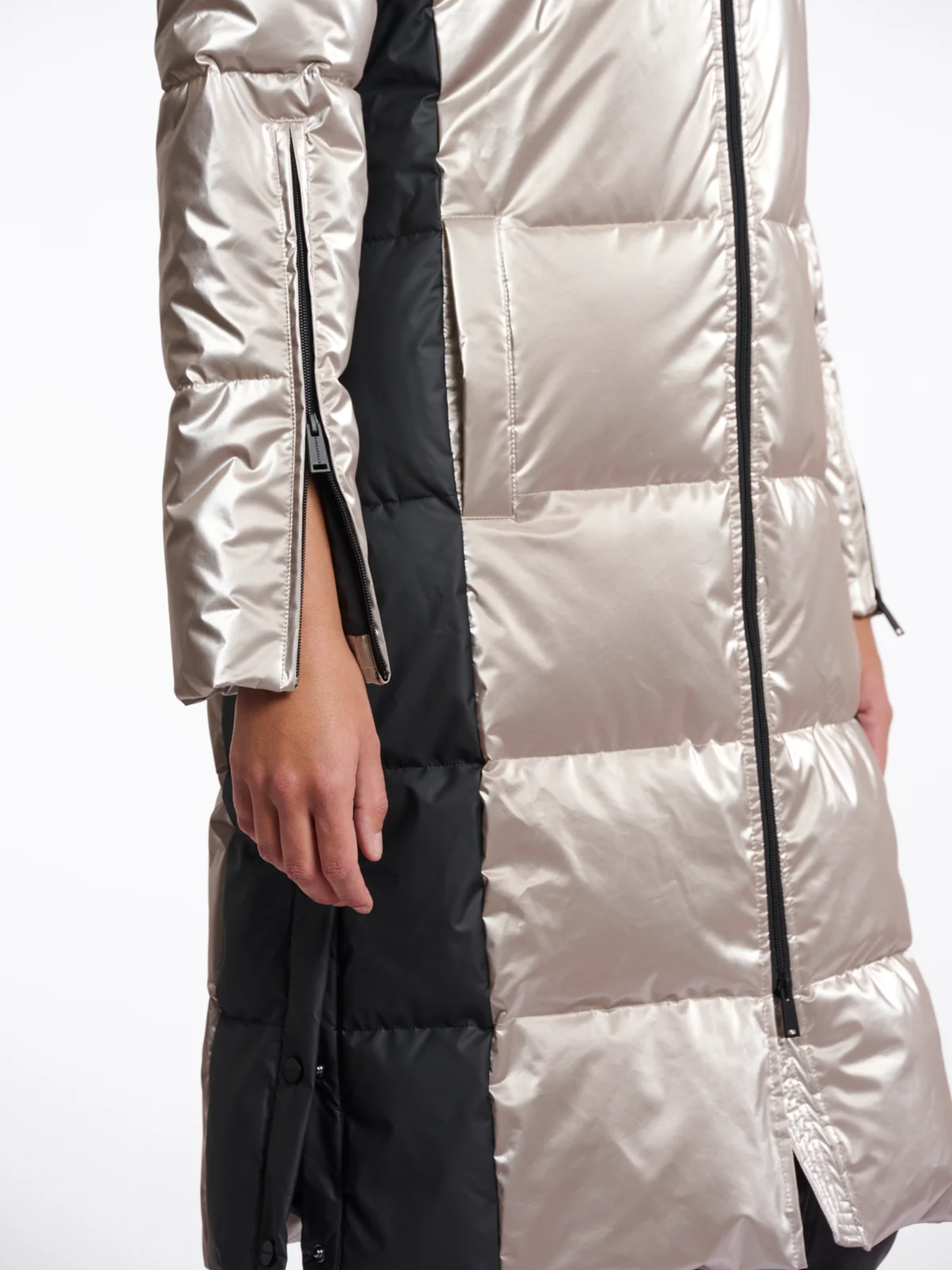 Rino & Pelle Ciara Ice Grey Long Padded Coat – women’s metallic winter coat with detachable hood, faux fur lining, and contrast black side panels.
