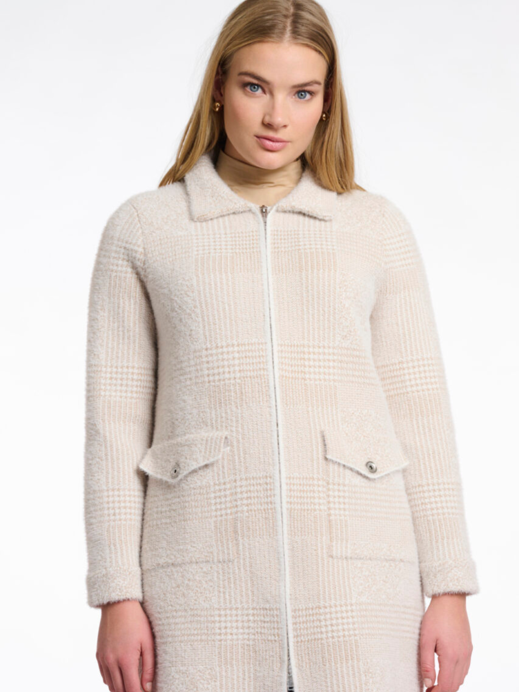 Rino & Pelle Emery Stone Check Zip Cardigan – women’s longline stone cardigan with zip fastening, collared neckline and flap pockets.